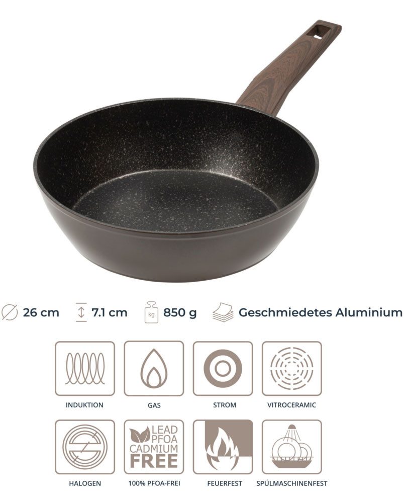 RESTO Kitchenware Bratpfanne Carina, tiefe Schmorpfanne mit holzähnlichem Soft-Touch-Griff, Aluminium (1-tlg), mit Marmor-Antihaftbeschichtung, 4-lagig, für alle Herdarten geeignet