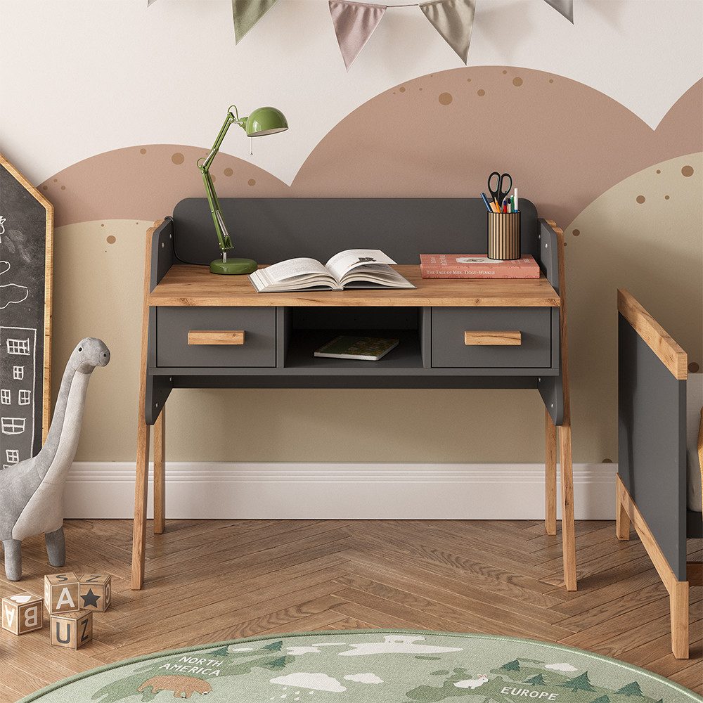 Schreibtisch Malia, Grau/Artisan/Grau, 97 x 51 cm mit 2 Schubladen