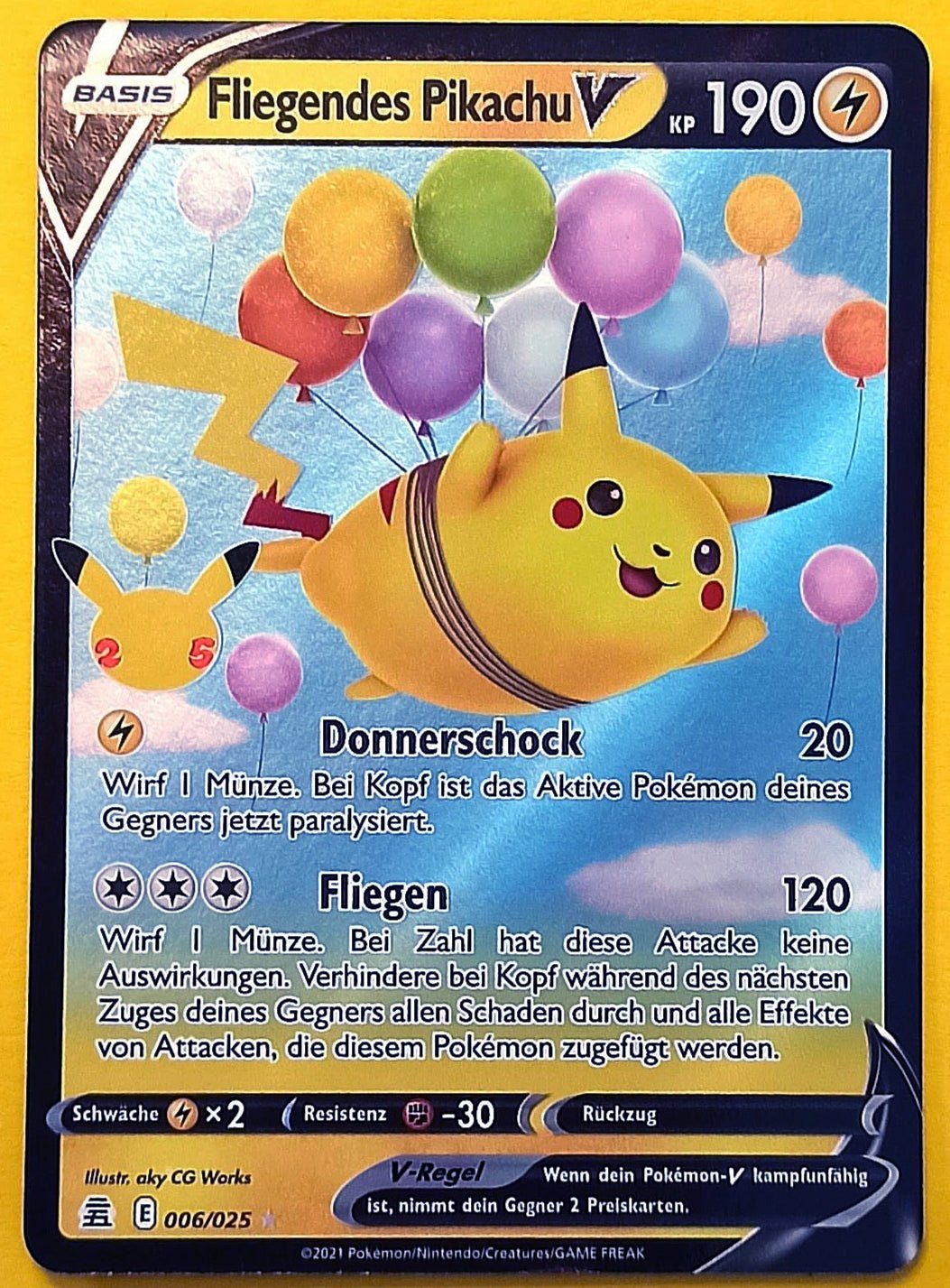 The Pokémon Company International Sammelkarte Pokemon Karte 25th Jubiläum ULTRA RARE FULLART - Fliegendes Pikachu V
