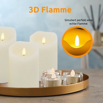 BonAura LED-Kerze »mit Fernbedienung und Timer, Flammenlose Echtwachs Kerzen mit 3D Flamme« (Spar-Set, 3-tlg., Weiß), LED Stumpenkerze