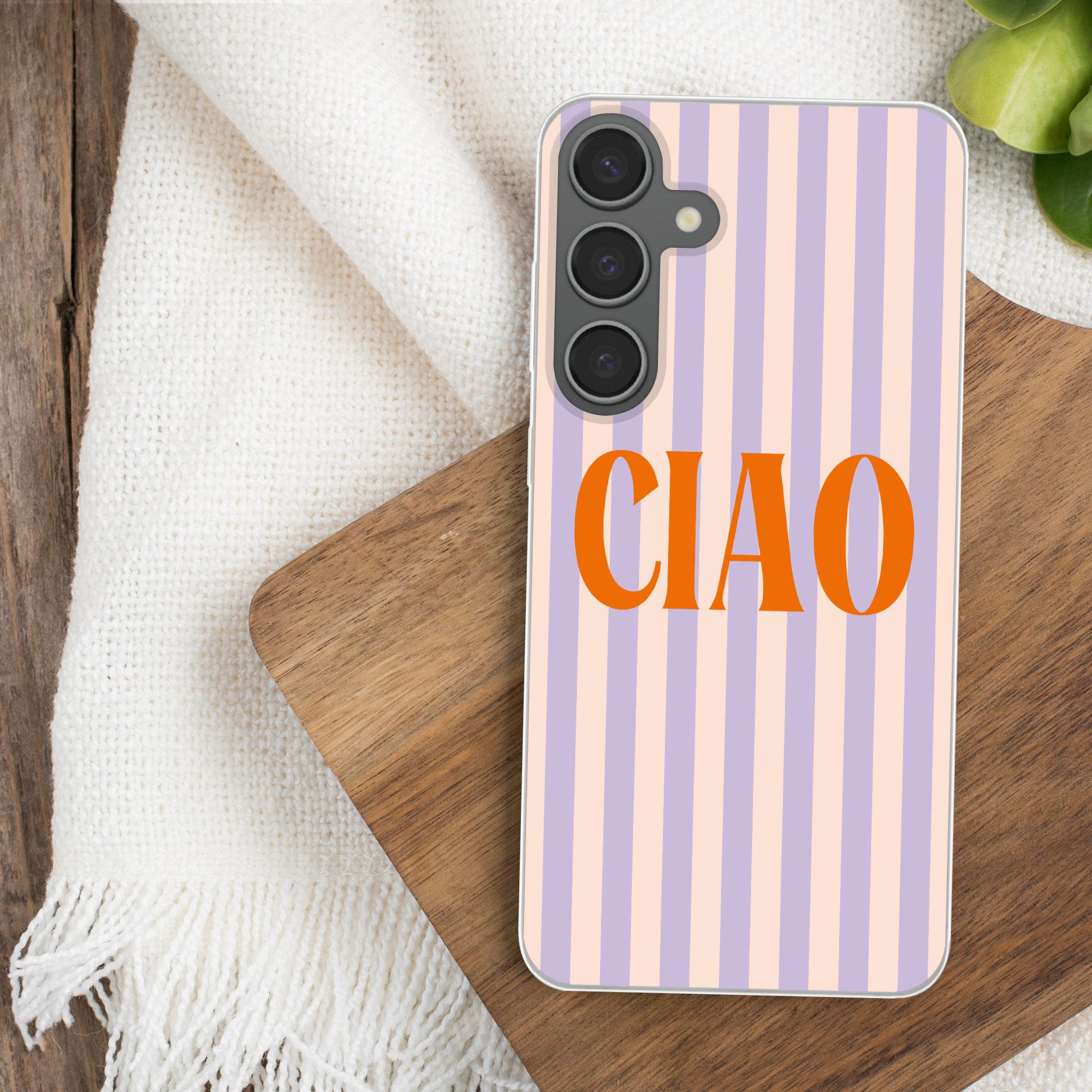 MuchoWow Handyhülle für Samsung Galaxy S24 Plus Ciao - Zitat - Pastell - Streifen, Phone Case, Silikon, Schutzhülle Dünn