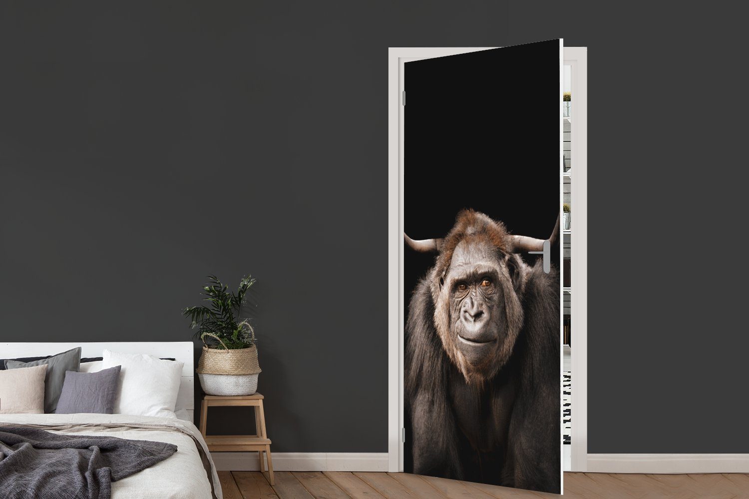 bedruckt, - Highlander MuchoWow Matt, für St), Fototapete cm Türtapete Schwarz, Tür, (1 75x205 Schottischer Affe Türaufkleber, -