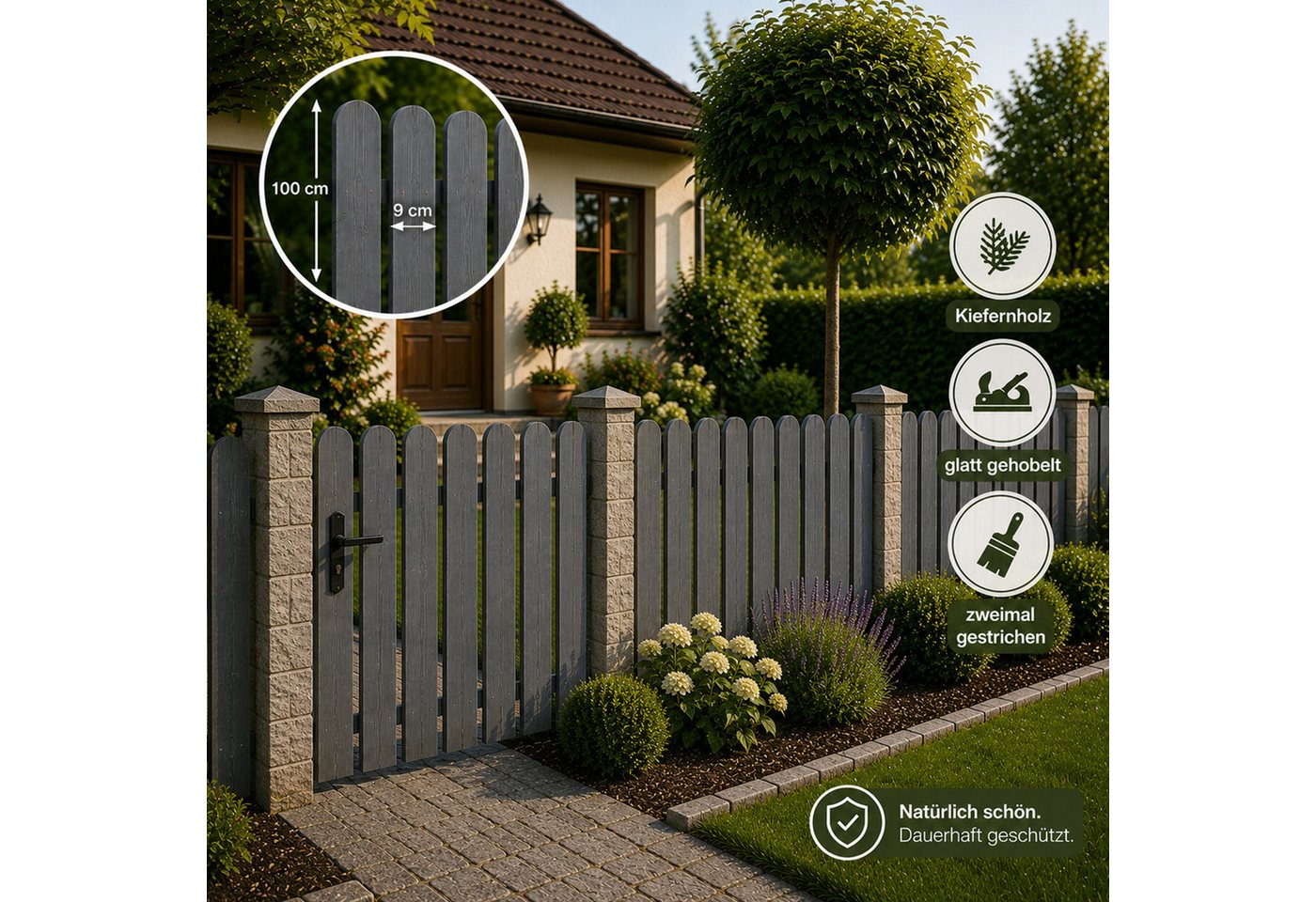 QLS Holzzaun 1 Stk. Zaunlatte 100 cm in 3 Farben, Holz Brett Kiefer Fichte Gehobelt Gartenzaun