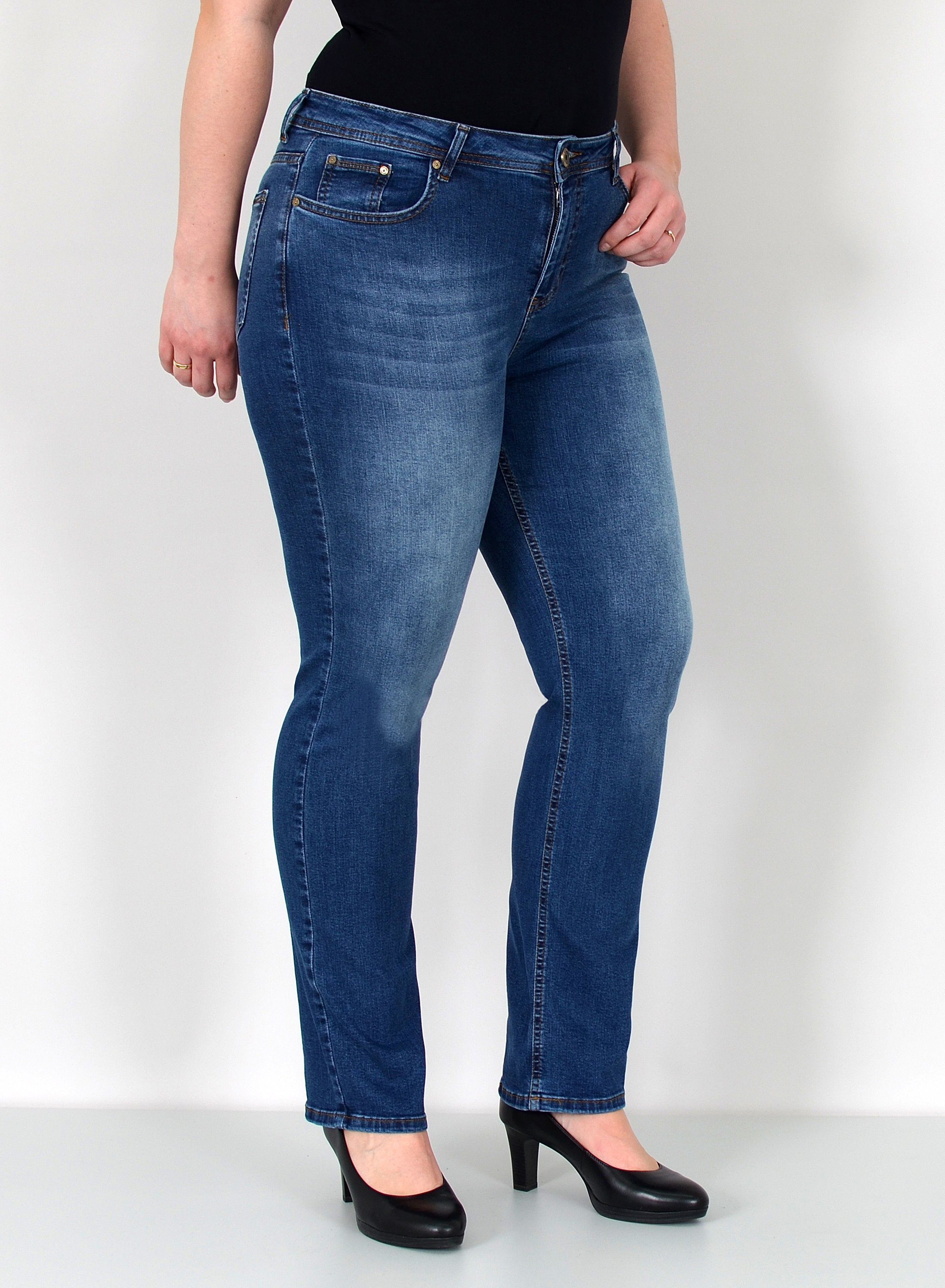ESRA Straight-Jeans Damen Jeanshose Gerader Schnitt Stretch Hose hoher Bund bis Plus Size Straight Jeans Damen High Waist Hose Stretch Jeans Regular Übergröße