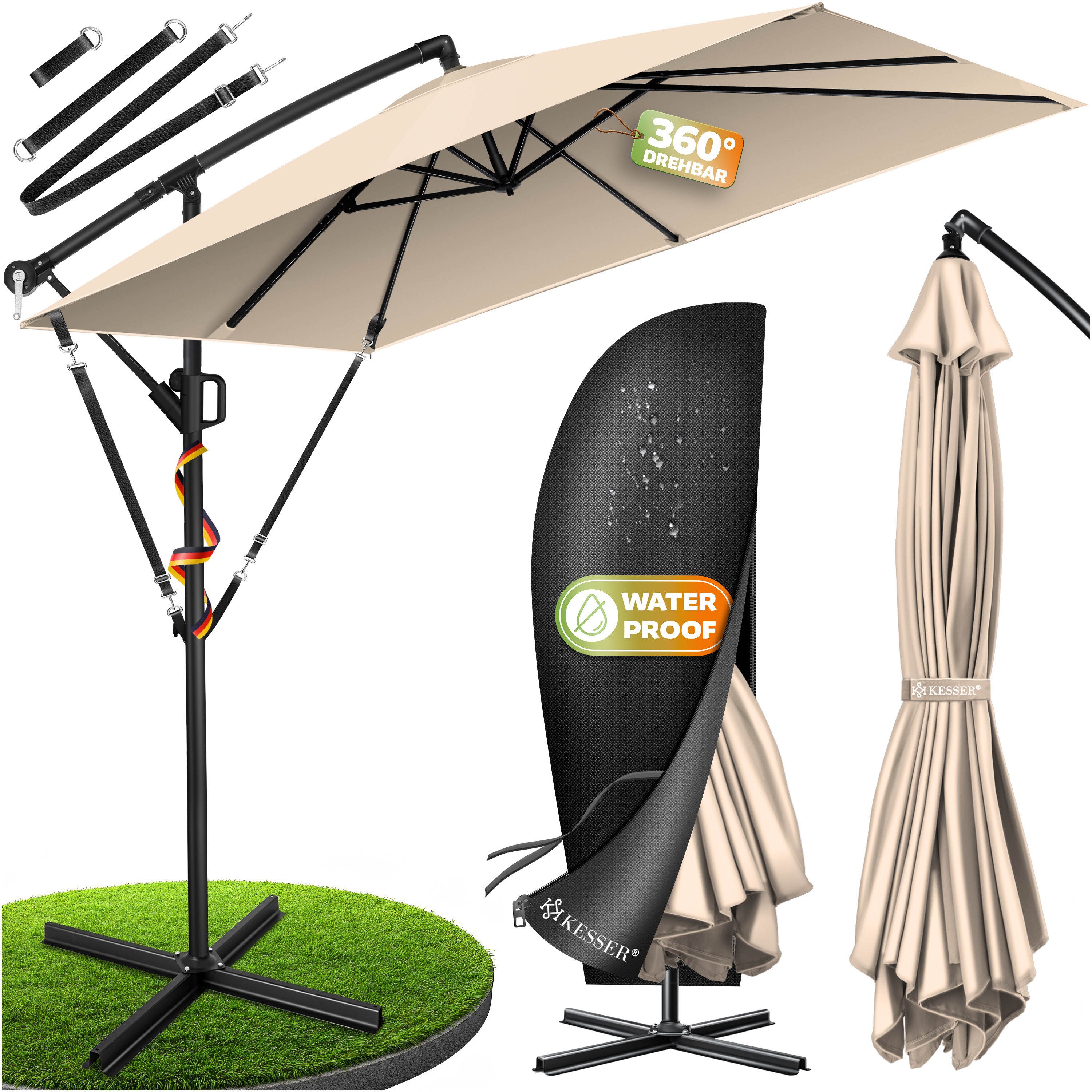KESSER Ampelschirm, Ø350cm Sonnenschirm inkl. Abdeckung & Wind- & wetterfest