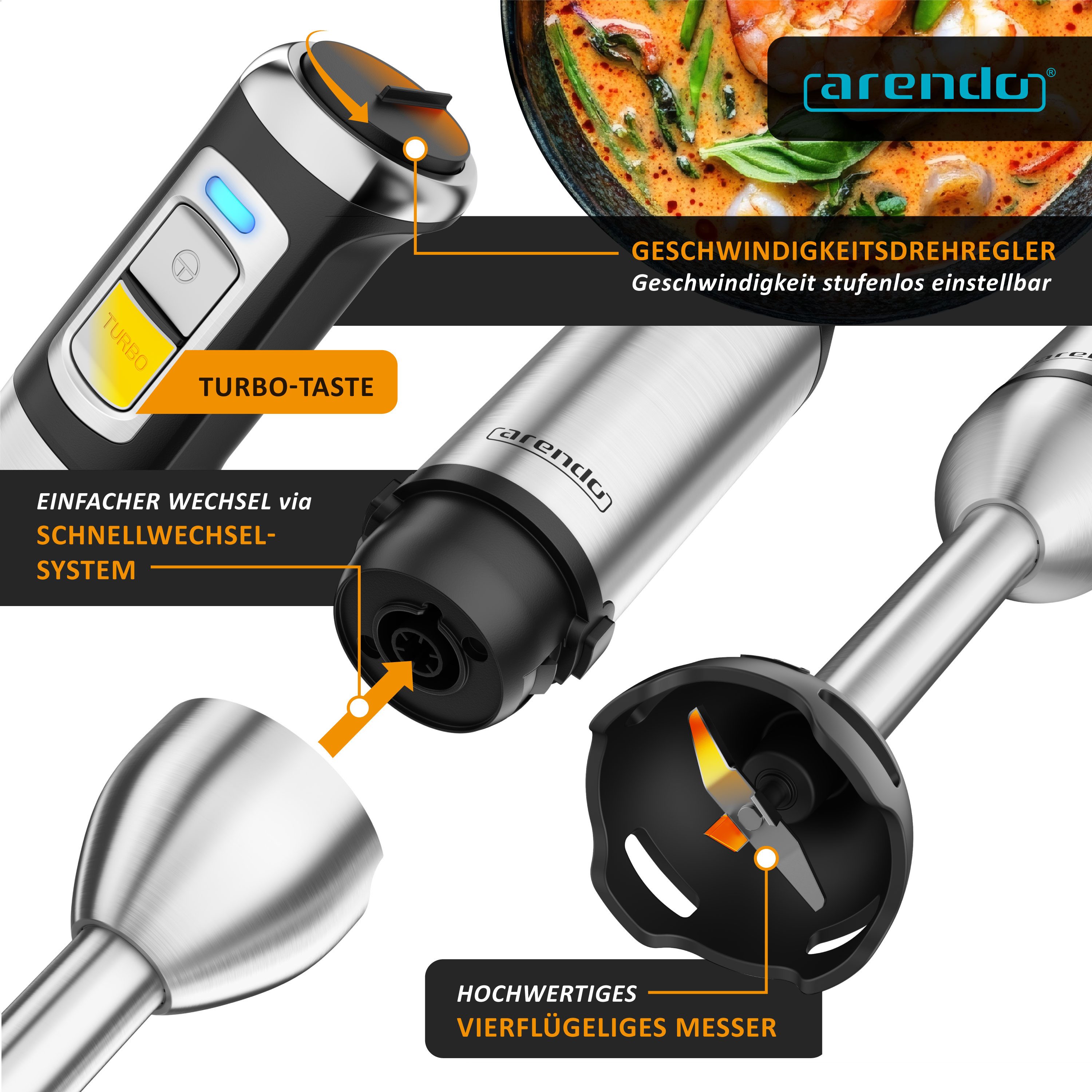 Arendo Stabmixer Set 2000 Watt, Edelstahl Pürierstab, Handmixer, stufenlose Regelung, 2000 W, Turbotaste, Abnehmbarer Mixfuß, DC-Motor, ergonomischer Griff