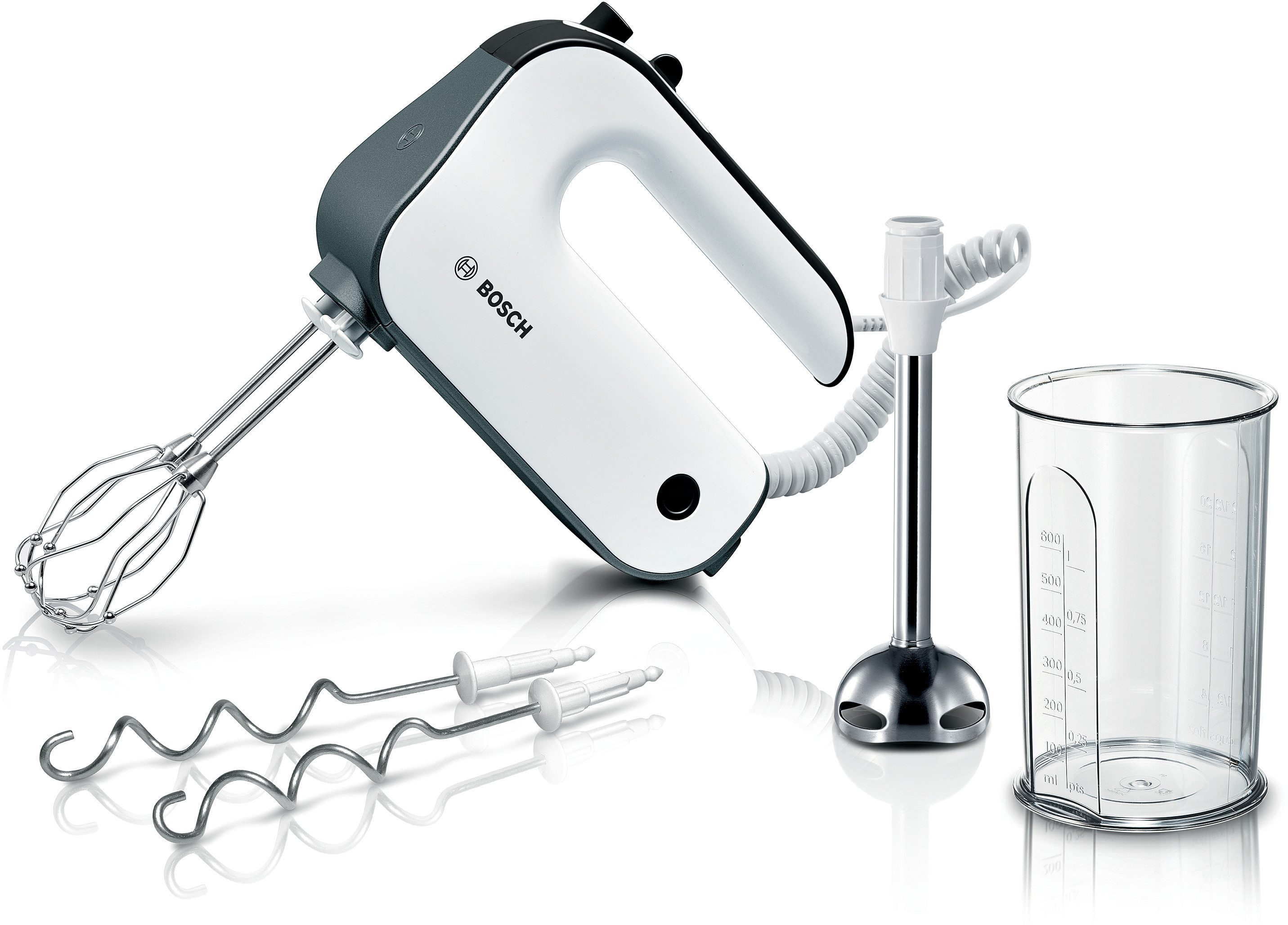BOSCH Handmixer MFQ49700, Edelst. Rührbesen/Knethaken, Spiralkabel, Mixfuß, weiß/grau, 850 W, stärkster Motor, 5 Stufen, Turbotaste, …