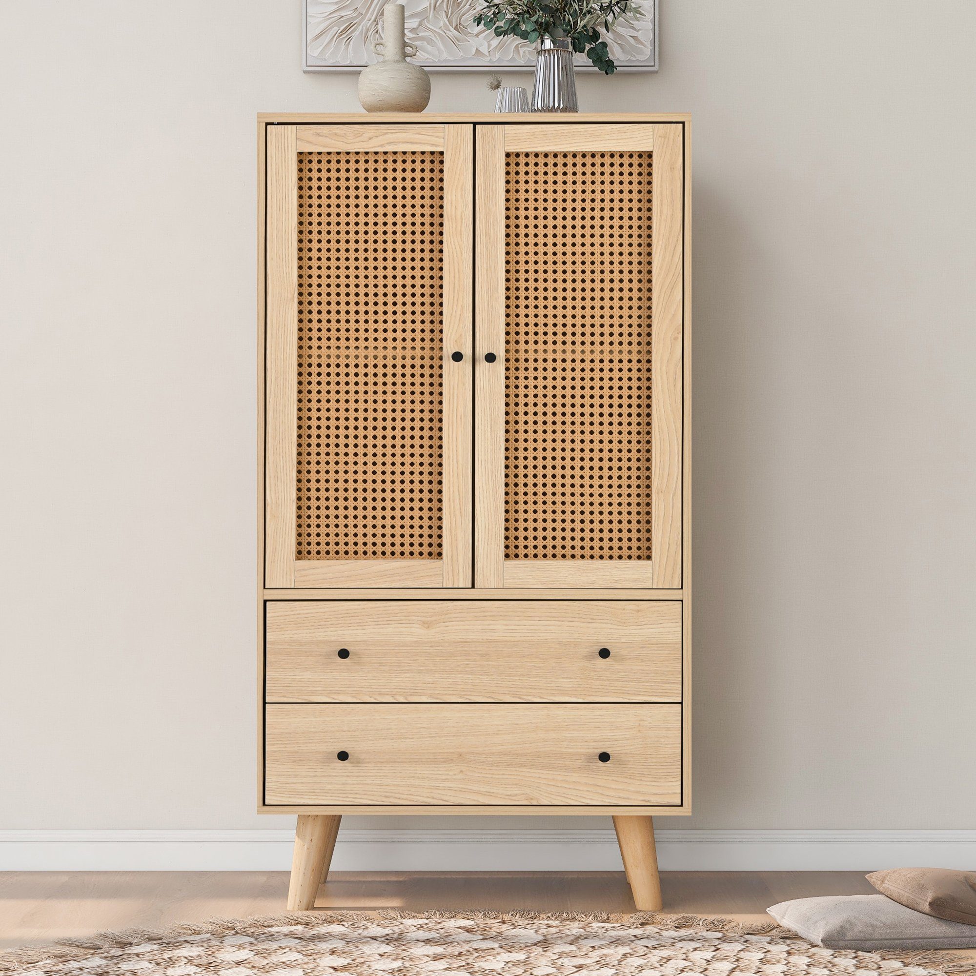 Merax Highboard mit 2 Двері mit Rattan-Geflecht und 2 Висувні ящики, Sideboard Holz, Kommode, B/H/T:60/120/40cm