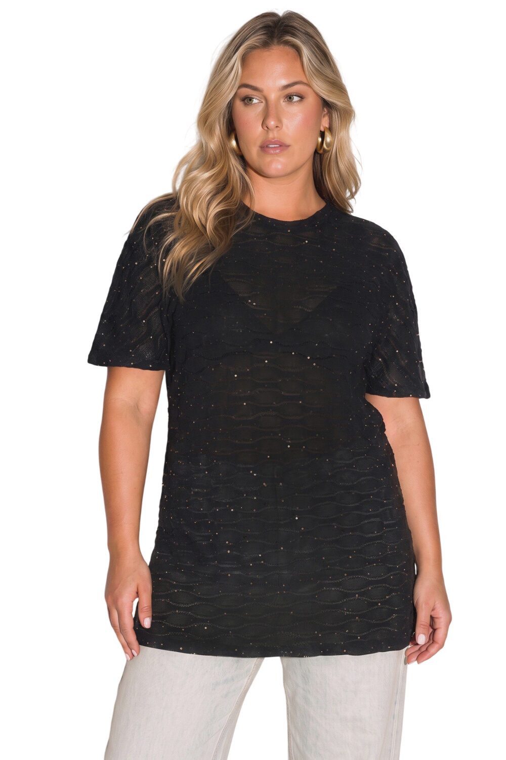 Shape of You Blusentop Plus Size Rundhals Paillettenbluse