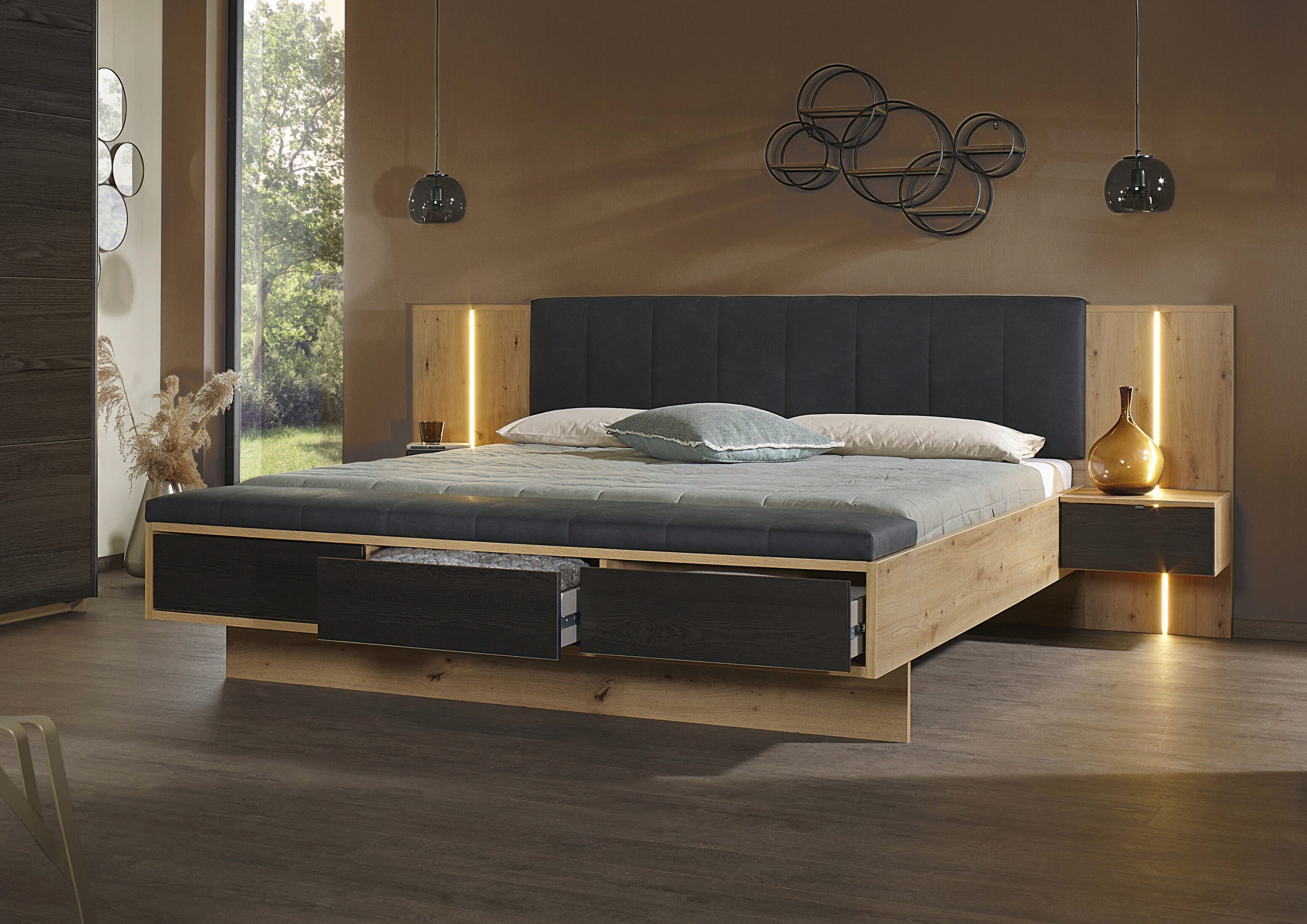 rauch Bettanlage Bett Doppelbett Komfortbett Funktionsbett APOLLON, (3-tlg., Liegefläche 180x200, optional mit Bettbank und Stauraum), Polster-Kopfteil in Lederoptik black, mit Beleuchtung MADE IN GERMANY