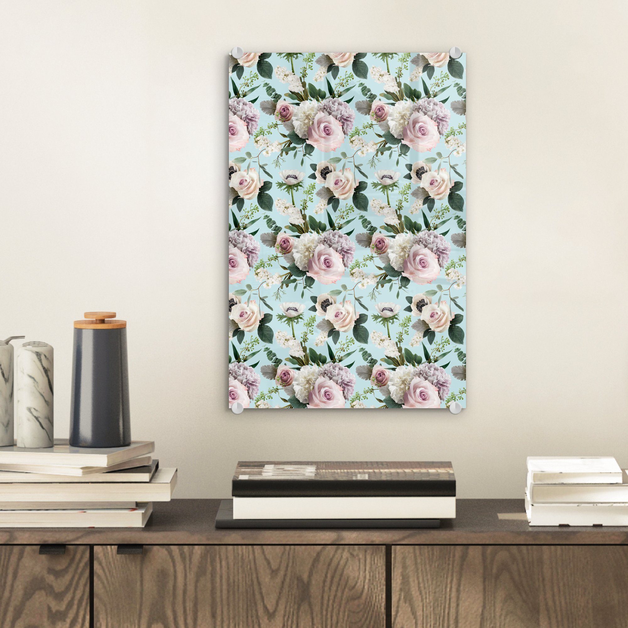 Foto Wanddekoration (1 Blumen - auf Glas Glas Glasbilder St), Blatt, Wandbild Acrylglasbild auf Rose - MuchoWow Bilder - - -