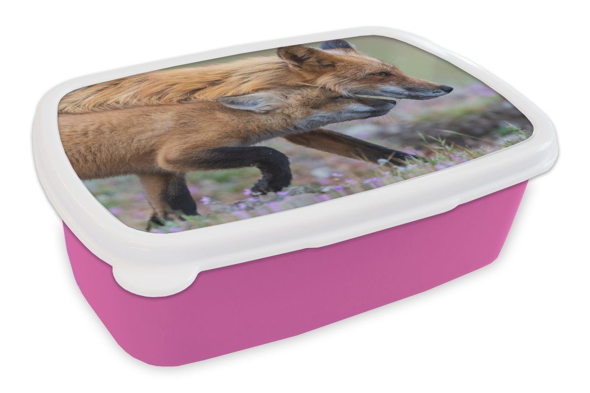 MuchoWow Lunchbox Rotfuchs mit Jungtier, Kunststoff, (2-tlg), Brotbox für Erwachsene, Brotdose Kinder, Snackbox, Mädchen, Kunststoff rosa