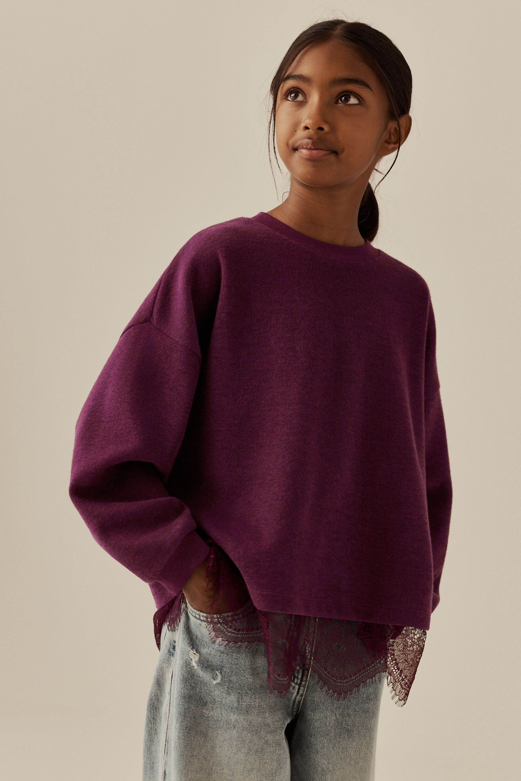 Next T-Shirt Sweatshirt mit Spitzensaum (1-tlg)