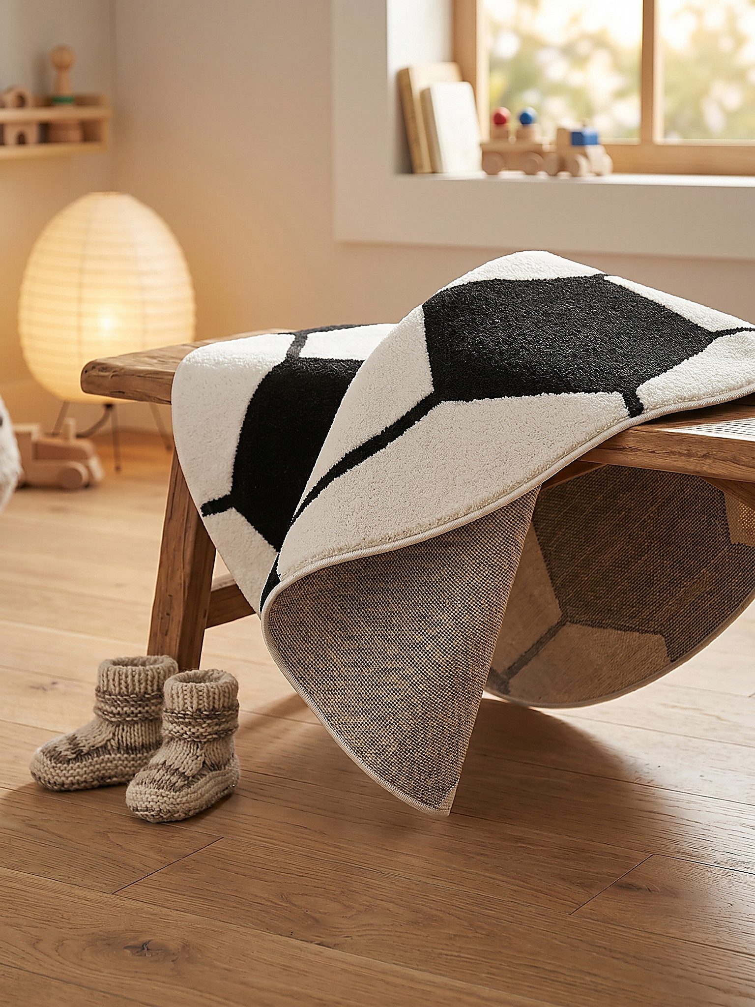 KADIMA DESIGN Kinderteppich CANAZEI Teppich Kinder Schwarz-Weiß 80x80 Fußball Polypropylen, Rund, Höhe: 14 mm, Saugroboter-geeignet, Strapazierfähig, Farbecht – Bild 5 von 5