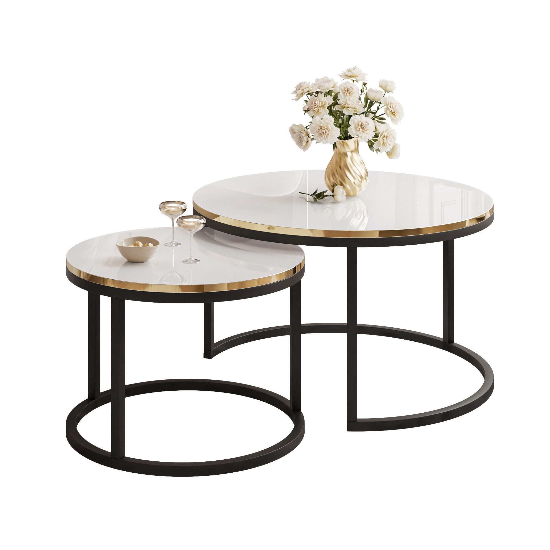 Lookway Couchtisch SOLEIL 2in1 HOCHGLANZ Runder Couchtisch mit Ablage (2er Set), Durchmesser: ⌀70 cm und ⌀50 cm