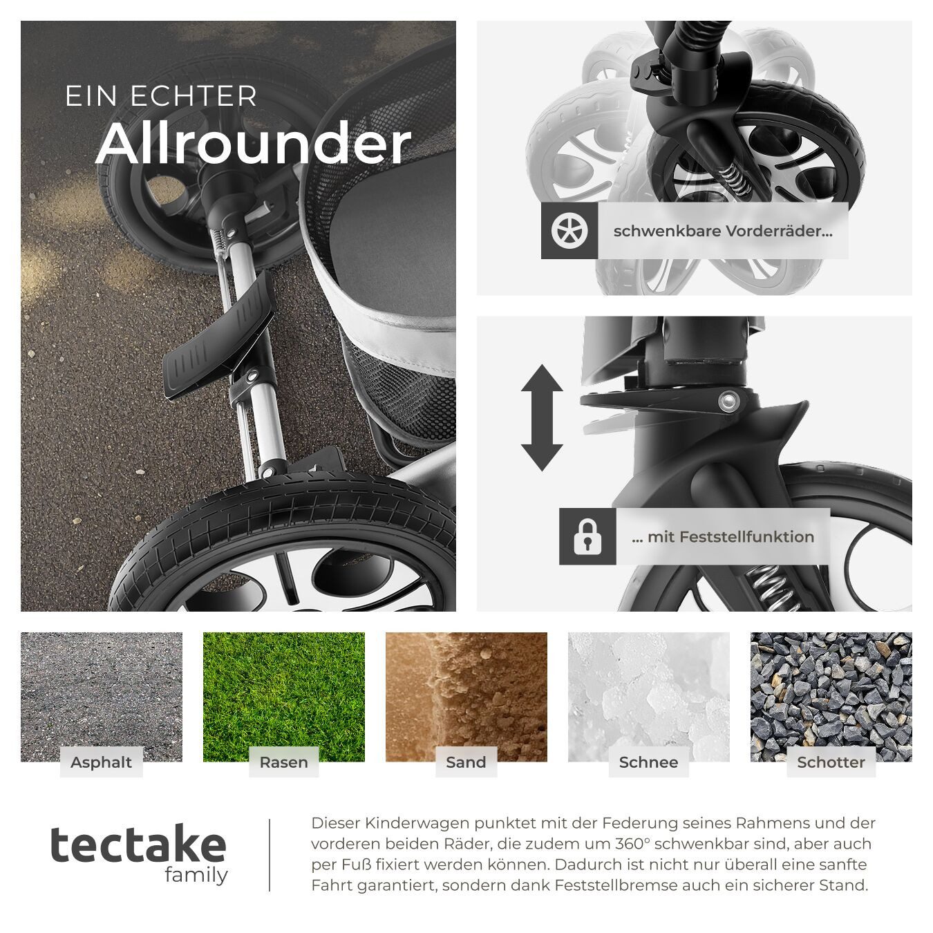 tectake Kombi-Kinderwagen 2-in-1 Kinderwagen, 0–36 Monate, bis 15 kg, klappbar, 5-Punkt-Gurt, (Babywagen Mats), Alurahmen, Bremse, Schutzbügel, Verdeck, Fußsack – Bild 5 von 5