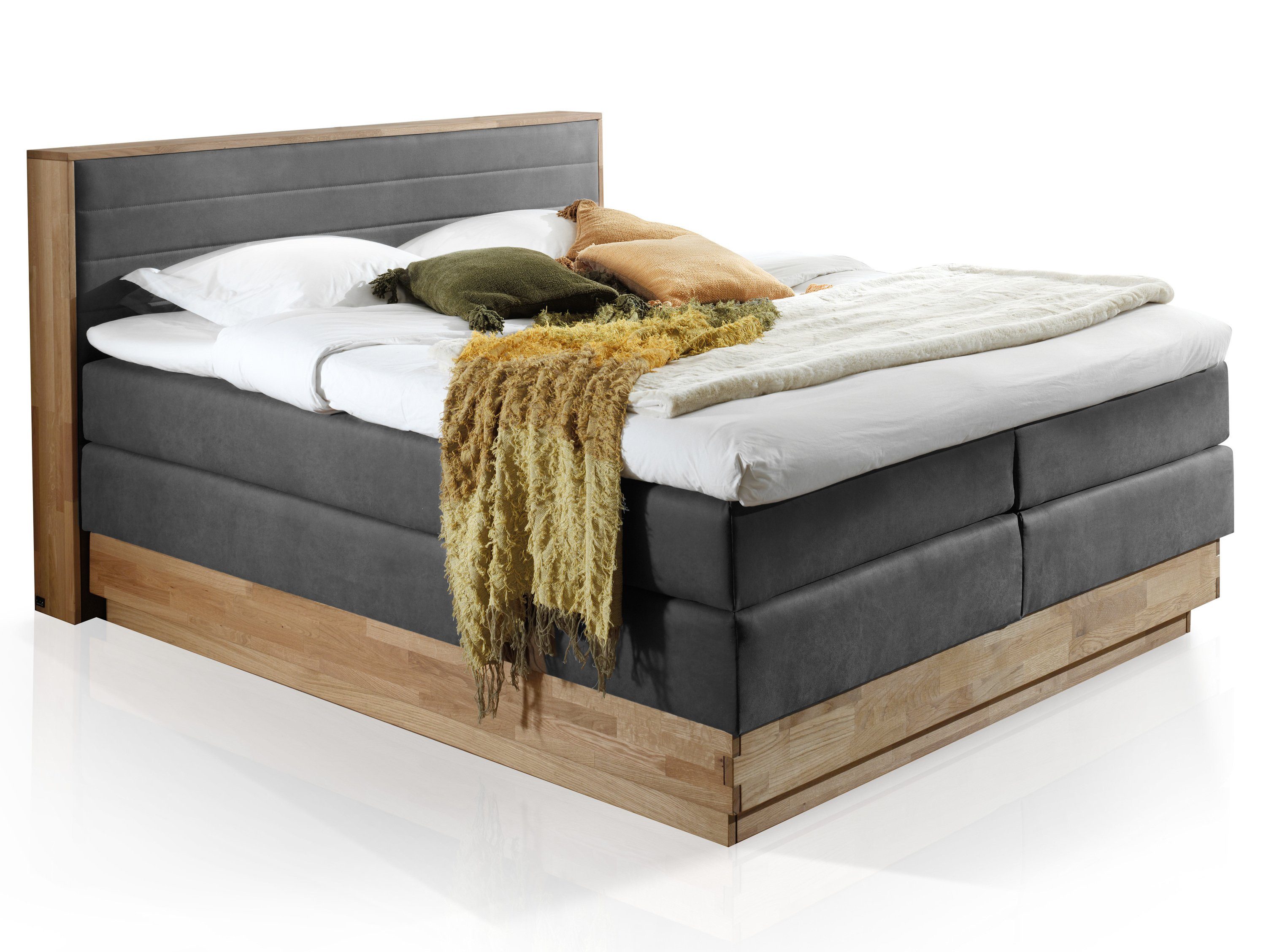 Moebel-Eins Boxspringbett, MENOTA Boxspringbett mit Bettkasten, massivem Holzrahmen und Bezug im Vintage Look