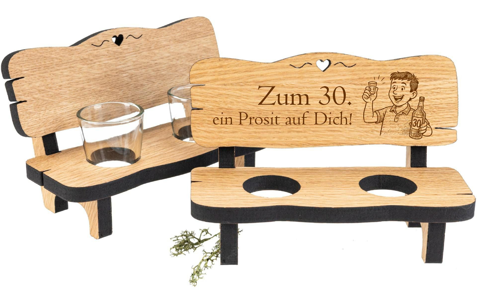 Holz Frank Schnapsglas Schnapsbank aus Eiche mit 2 Shotgläsern und Gravur "30 Geburtstag", 3-tlg., Eiche