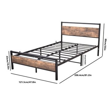 HAUSS SPLOE Metallbett Modern Metallbett Bettgestelle Einzelbett Gästebett Bettrahmen (mit braunem Vintage-Kopfteil aus Holz, einfach zu installieren), für Erwachsene und Kinder, 120*200cm, Schwarz