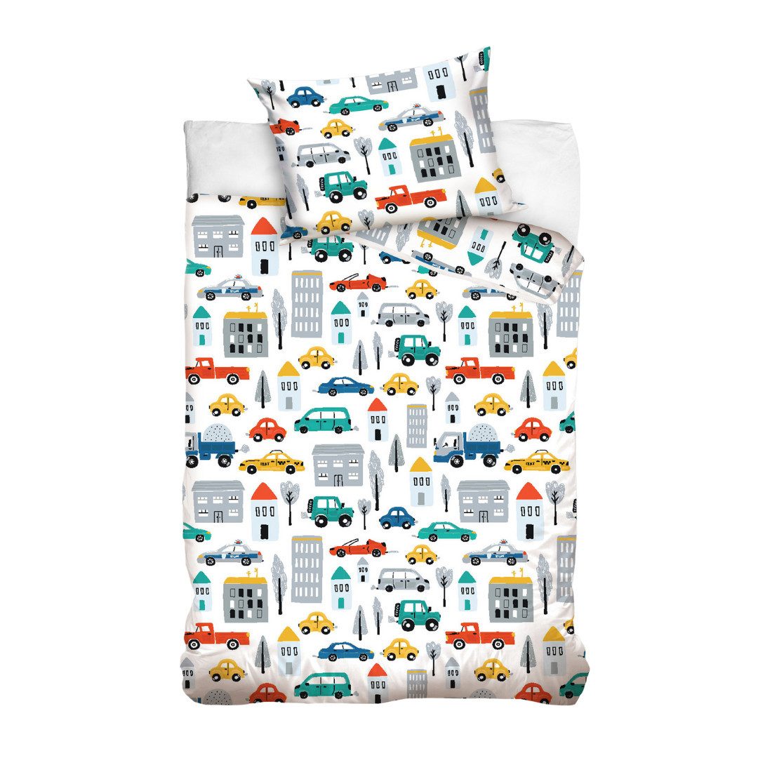 MTOnlinehandel Babybettwäsche Fahrzeuge 135x100 + 60x40 cm, Renforcé, Auto Motiv, 100% Baumwolle, 2 teilig, Liebevolles Muster – weich, hautfreundlich und pflegeleicht