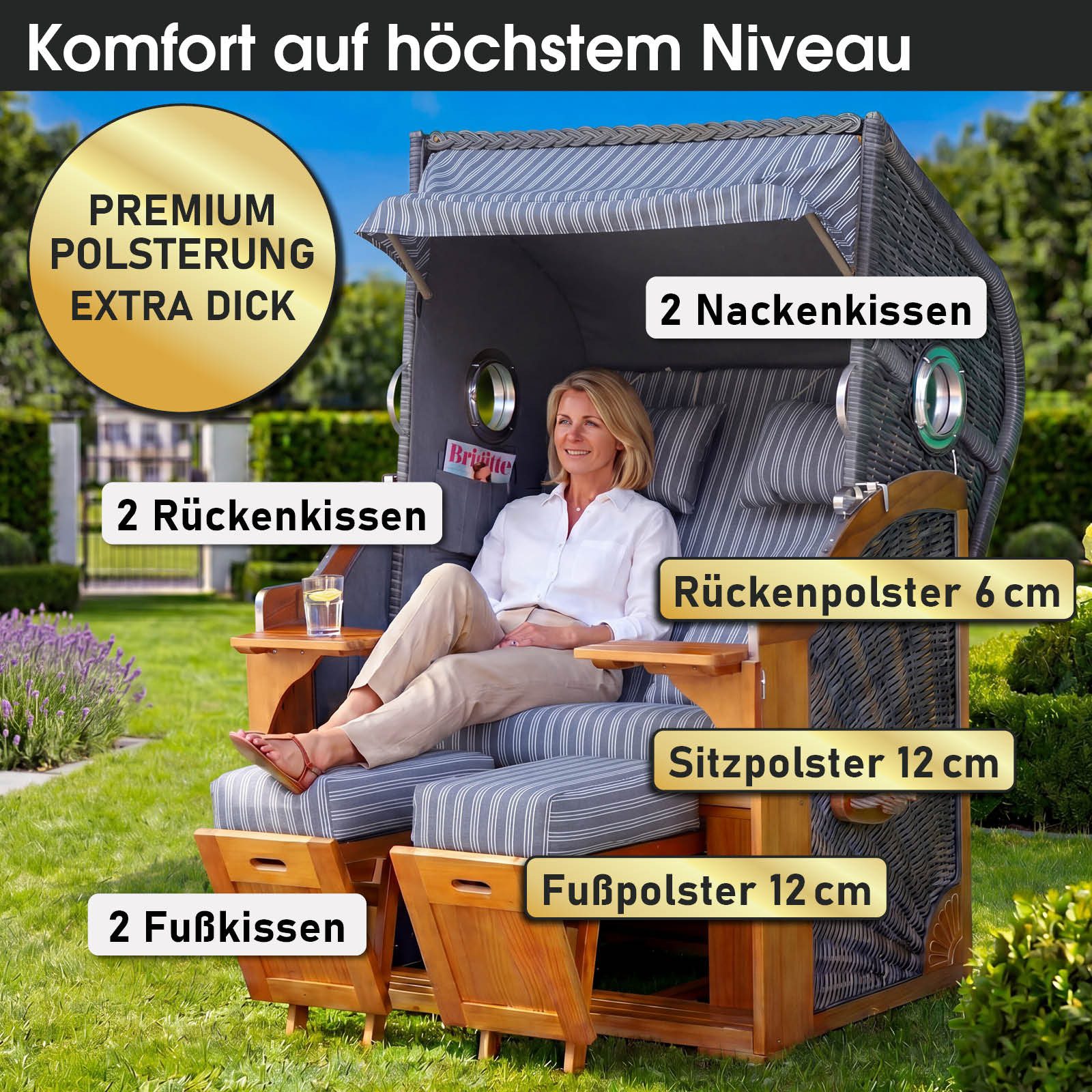 BRAST Strandkorb BRAST Strandkorb Ocean View Prestige, 123cm Breite, 3 Designs, Volllieger, (Pinien Vollholz, UV-beständig), inkl. Premium-Schutzhaube