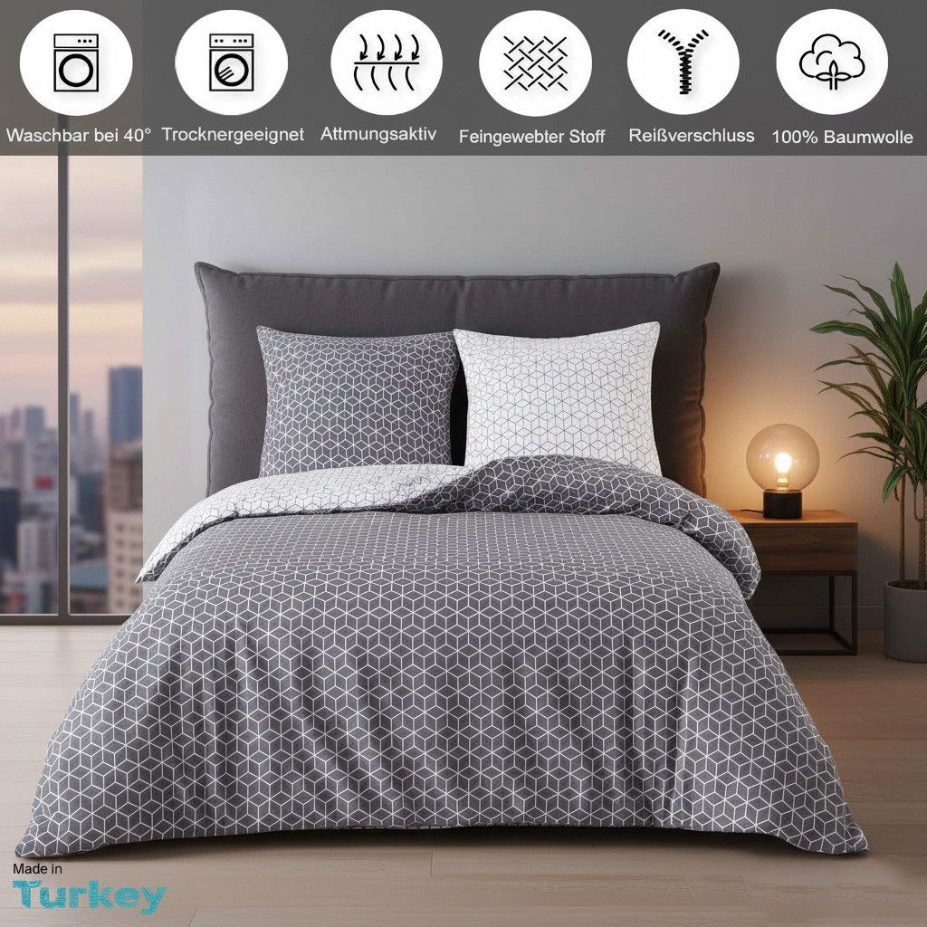 Buymax Bettwäsche Bettbezug Set Sillage 100% Baumwolle, Renforce: 100% Baumwolle, 2 teilig, mit Reißverschluss, modern gestreift, Grau Weiß, 135x200 cm