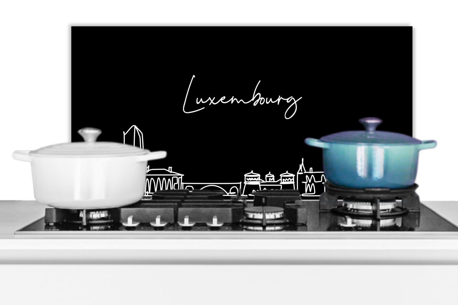 Küchenrückwand - 60x30 (1-tlg), weiß, Fett Luxemburg MuchoWow - Schmutzflecken und Linienkunst für cm, Wandschutz, Schwarz - und Stadt gegen Skyline - Küchen