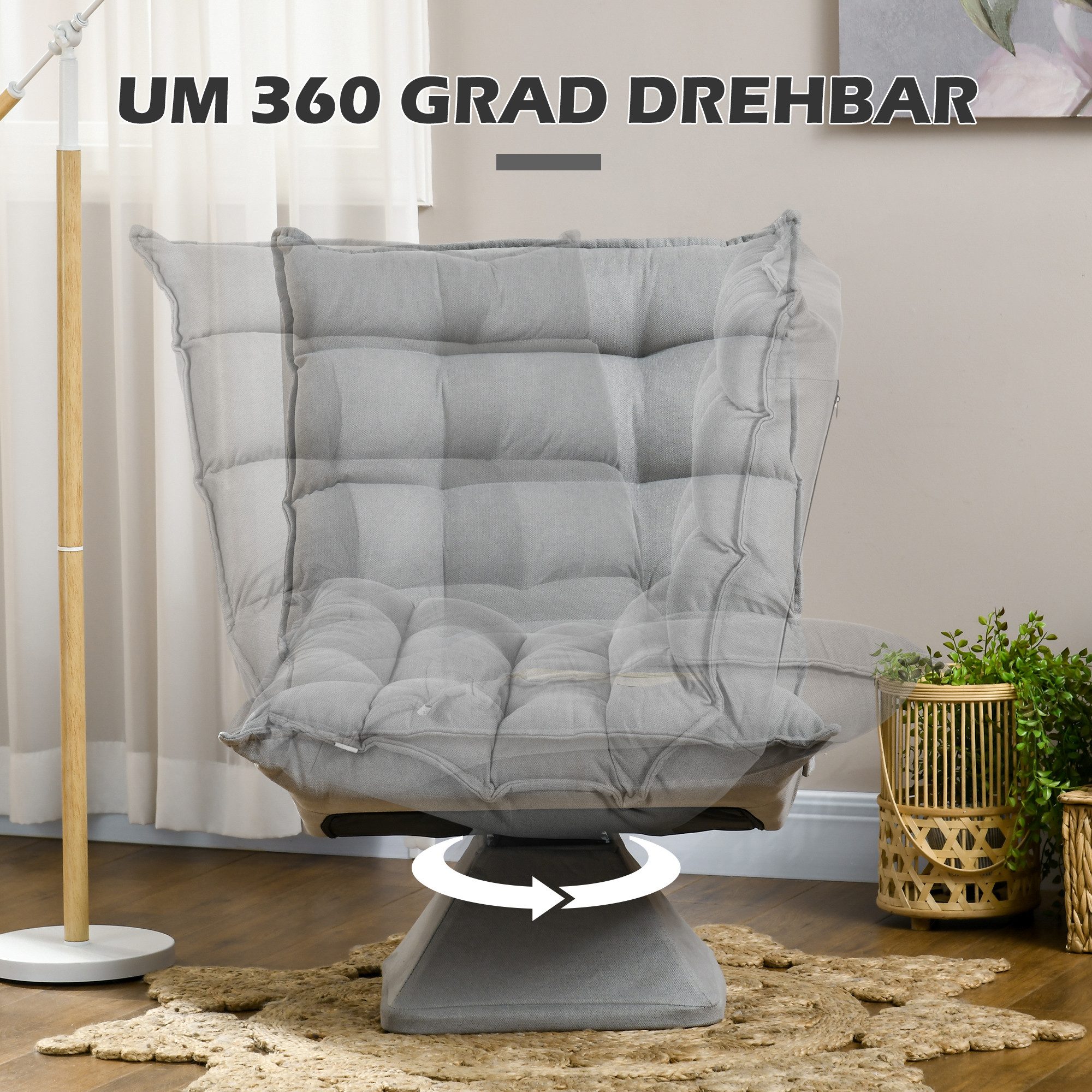 HOMCOM Relaxsessel Drehbarer Meditationsstuhl mit verstellbarer Rückenlehne, Sockel (Bodensofa, 1-St., Bodenstuhl), Lazy Sofa für Wohnzimmer, Büro, Grau – Bild 5 von 5