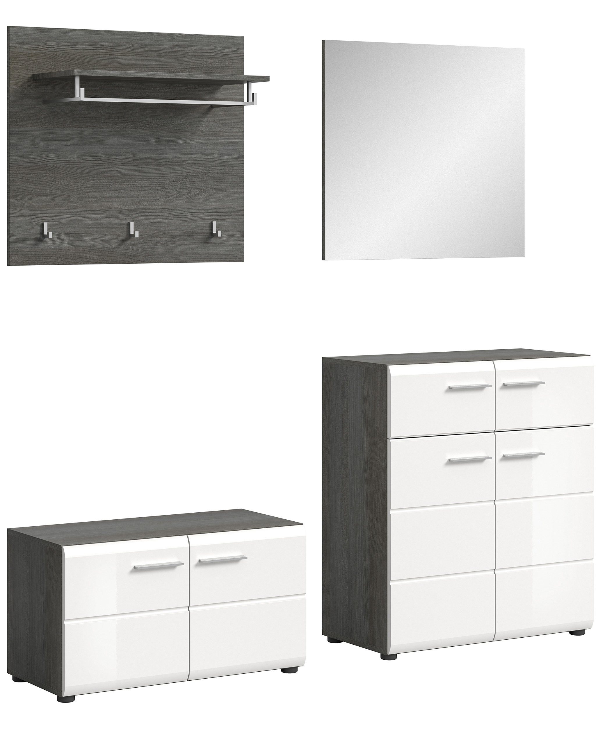 Newroom Garderoben-Set Rauchsilber 175 cm, Garderoben-Set Weiß Hochglanz Rauchsilber Flurmöbel Garderobensch...