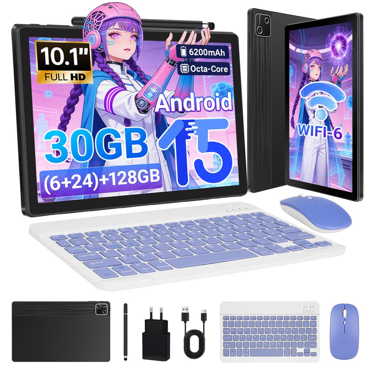 BUFO 10 Zoll 30(6+24)GB 128GB ROM+1TB TF Android 15 WiFi 6 6200mAh Tablet (10", 128 GB, Android 15, 2,4/5G WiFi, 1280x800 IPS HD Screen, PC-Modus, OTG-Transfer)