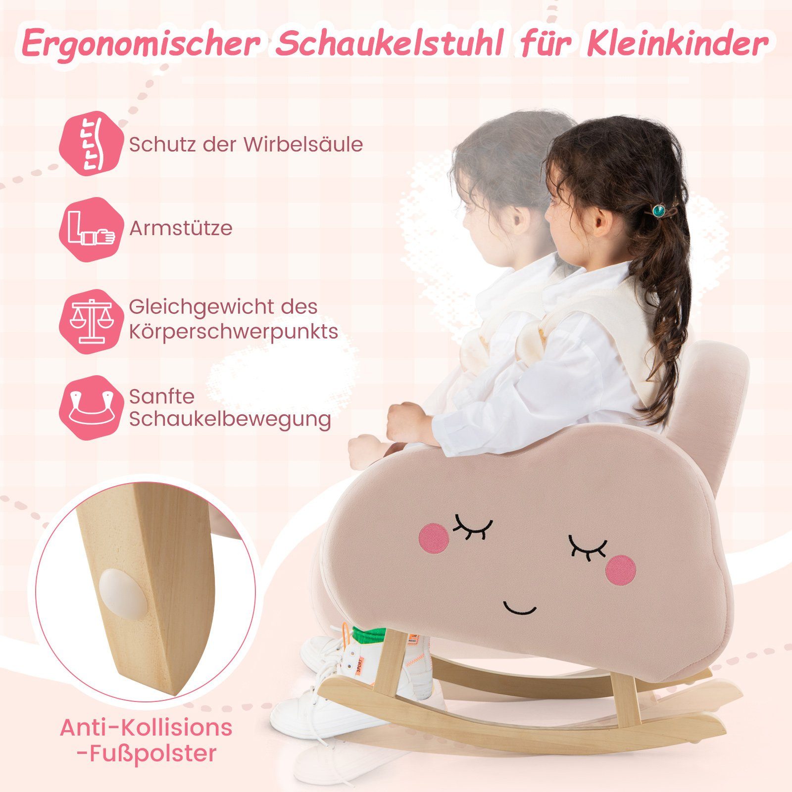 COSTWAY Kindersessel Schaukelstuhl, rosa 50kg, Wolken gepolstert bis