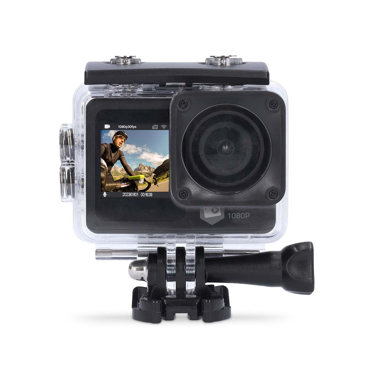 Nedis ACAM31BK Action Cam (Wi-Fi, action cam, dual screen, 30m wasserdicht, 1080p, inkl. montage)