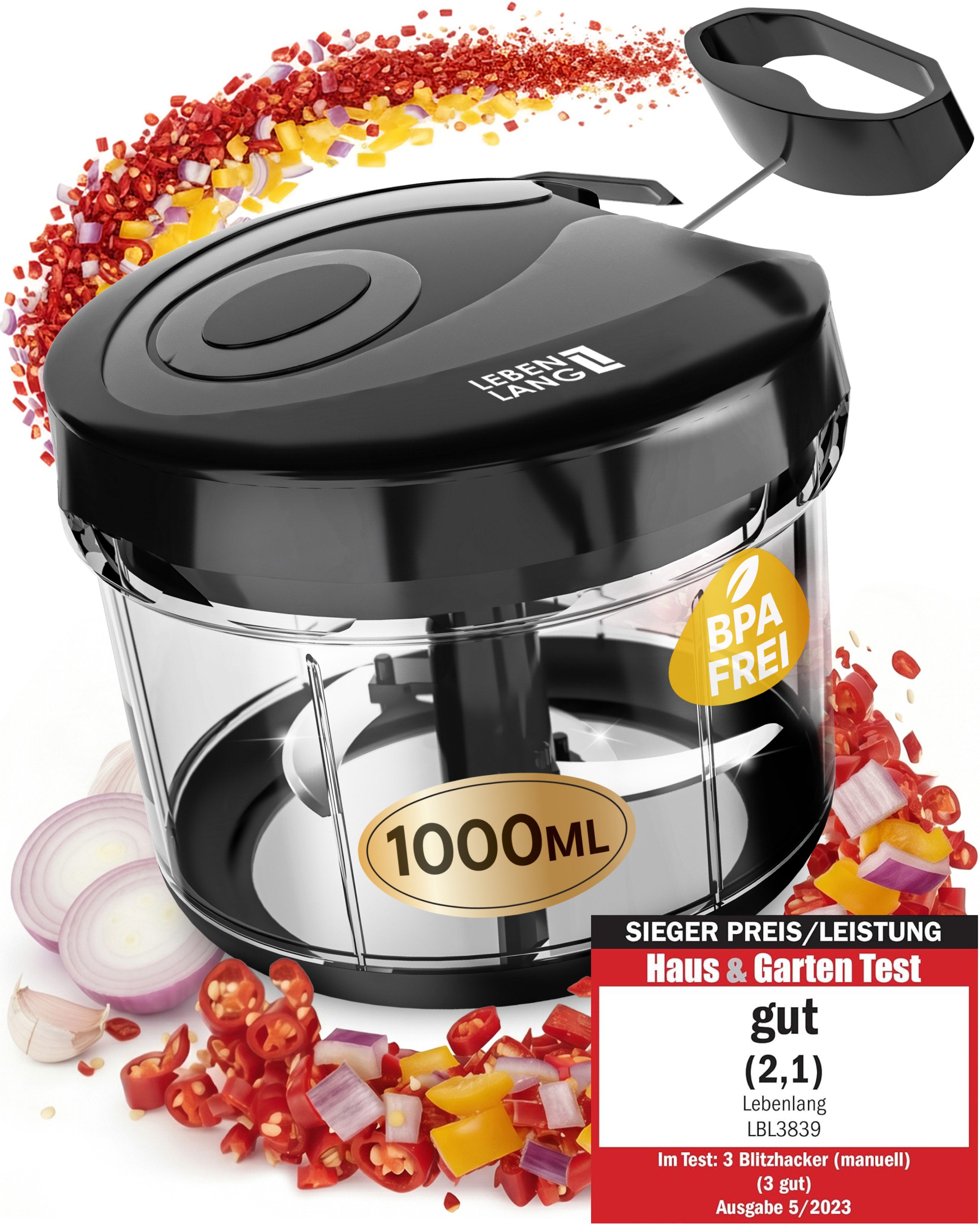 Lebenlang Zerkleinerer, manueller Zwiebelschneider & Multizerkleinerer, Gemüse & Knoblauch, 0 W, Edelstahlklingen I Spülmaschinengeeignet I BPA-frei IRutschfeste Basis