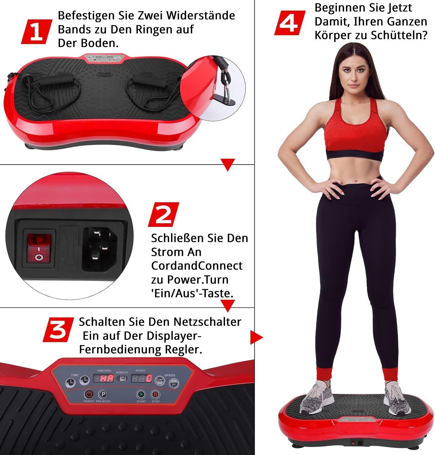 TLGREEN Vibrationsplatte Größe 68x38x14/59x34x13cm,Bis 120KG, 200,00 W, 120 Intensitätsstufen, (mit Trainingsbandern, Ganzkörpertraining zu Hause), Ultra leisem Motor, Fernbedienung, Seitliche Transporträder