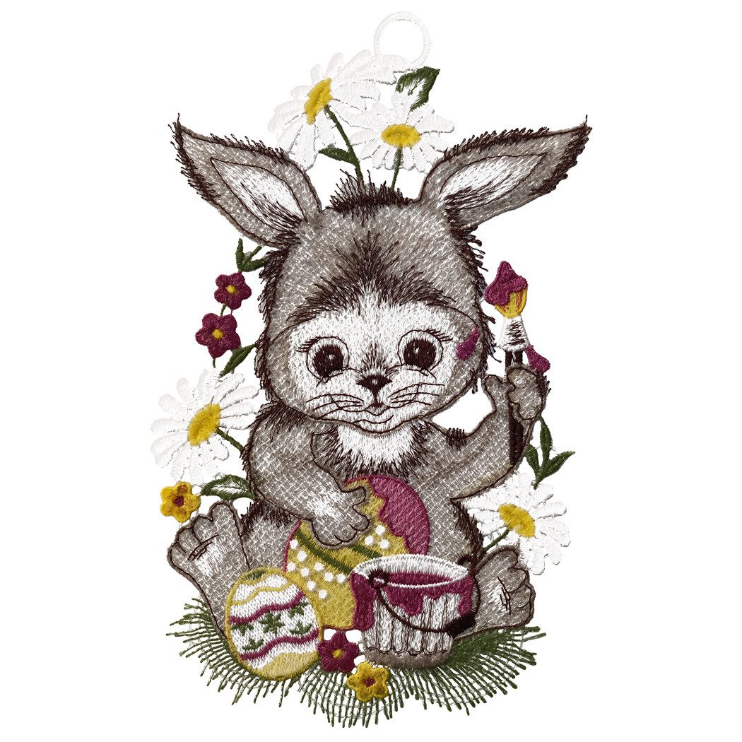 texpot Fensterbild Plauener Stickerei Osterhase mit Eimer Saughaken, Saughaken