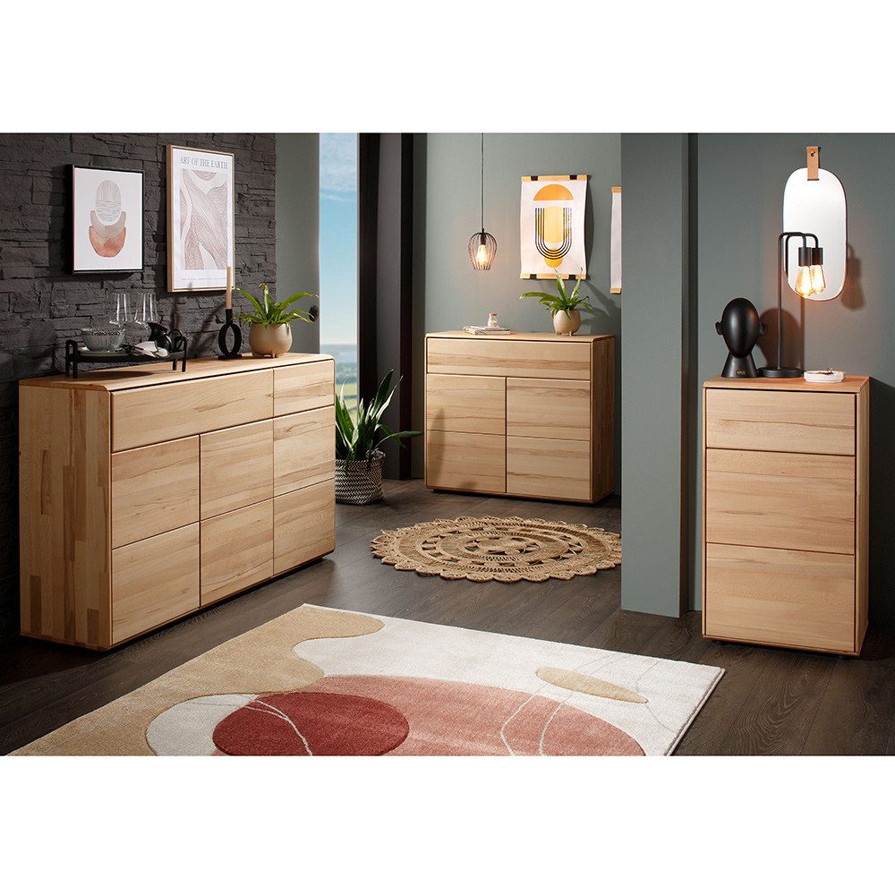 Lomadox Wohnzimmer-Set KALAMARIA-69, (Mega-Spar-Set, 3-St., Kommode klein Kommode mittel Kommode groß), Massivholz Wohnzimmermöbel Kommoden Schrank modern in Buche