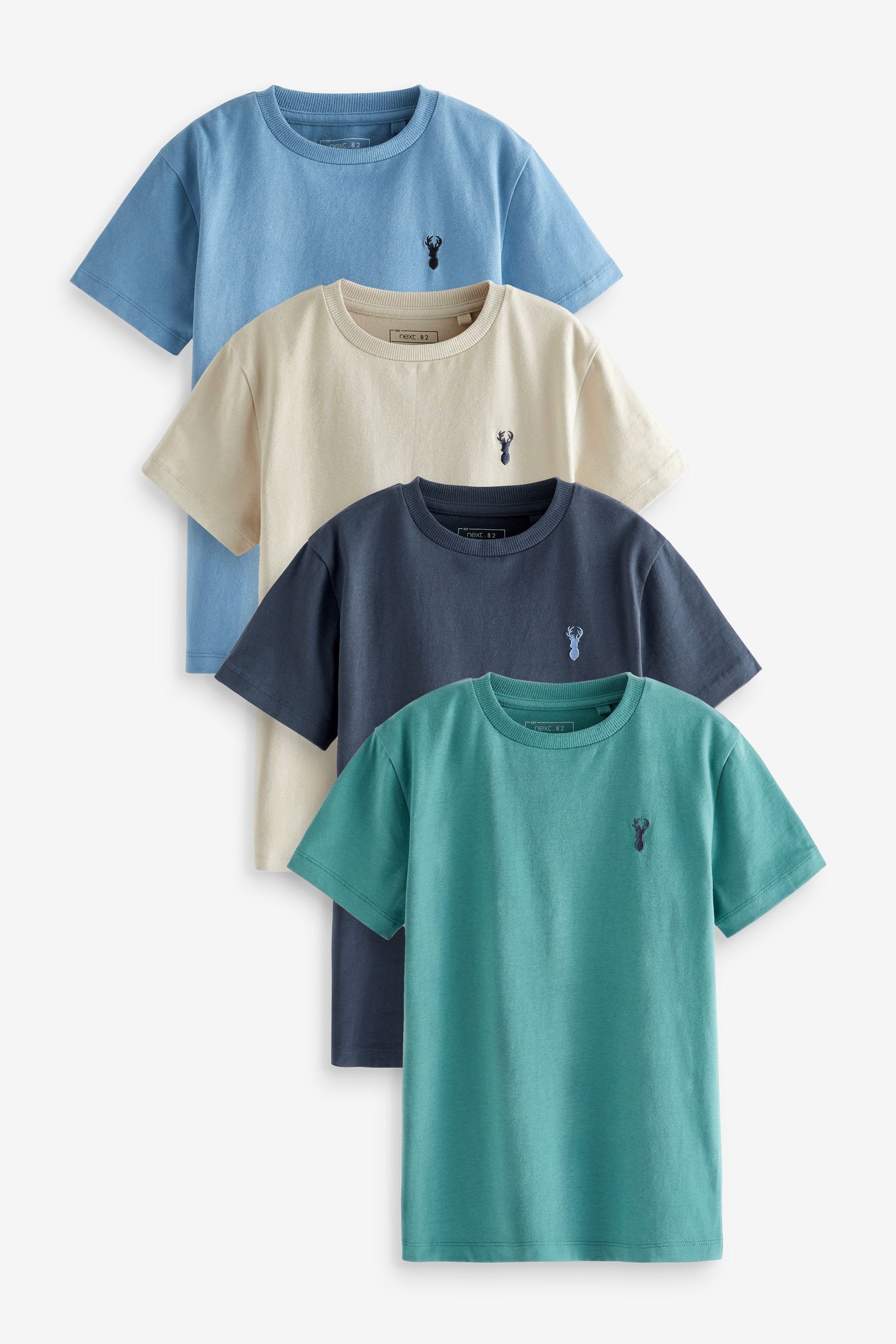 Next T-Shirt 4er-Pack Kurzarm-T-Shirts mit Hirsch-Stickerei (4-tlg) Mineral Green/Blue