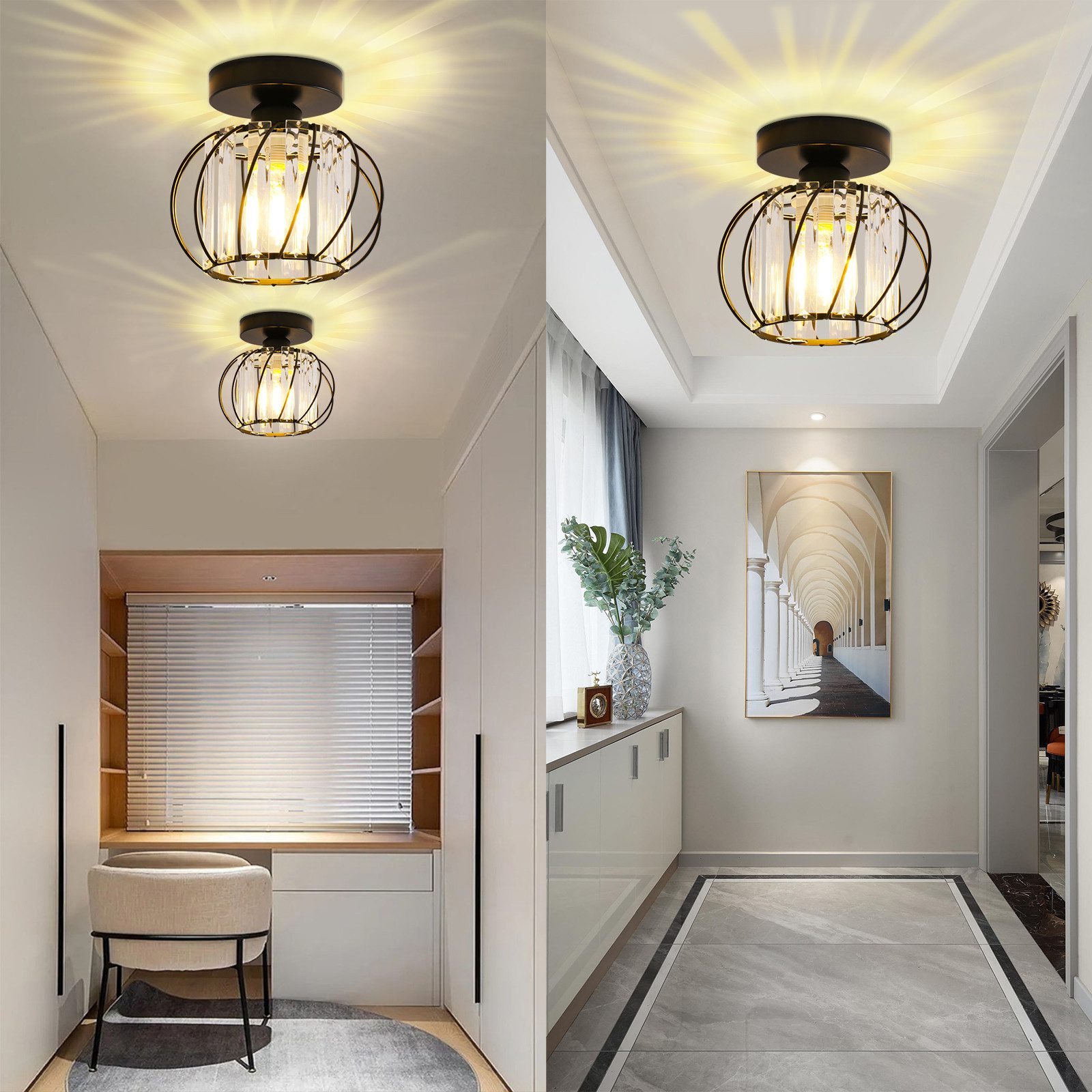 POPOLIC Deckenleuchte Moderne Kristall-Deckenlampe, Mini-Deckenleuchten aus Kristall, Halogen, LED wechselbar, Glühlampe, Schwarz-Kristall Leuchte, E27-Kronleuchter für Wohnzimmer, Flur
