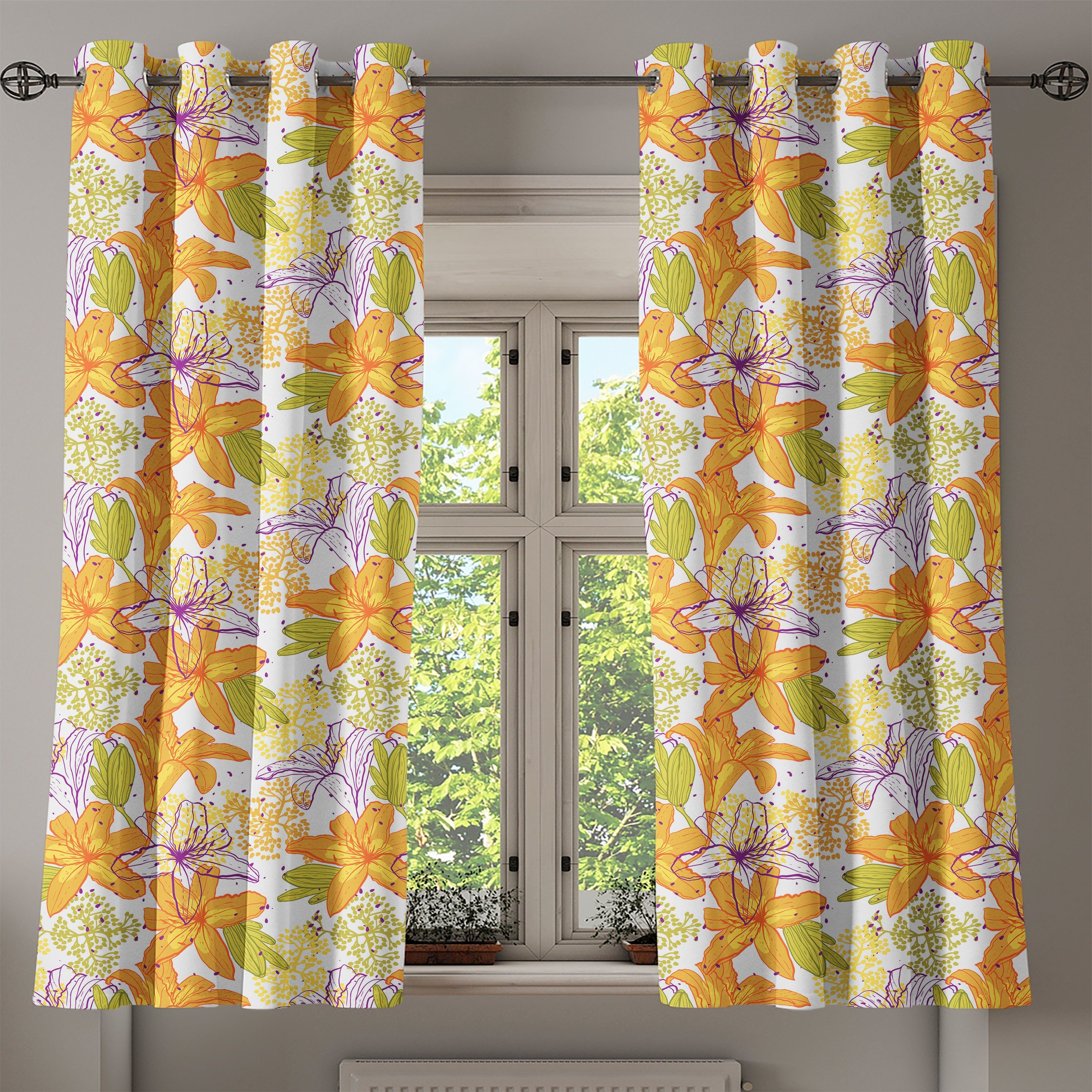 Gardine 2-Panel-Fenstervorhänge Schlafzimmer Abakuhaus, Dekorative Exotic Bloom Blumen Lily Petals für Wohnzimmer,