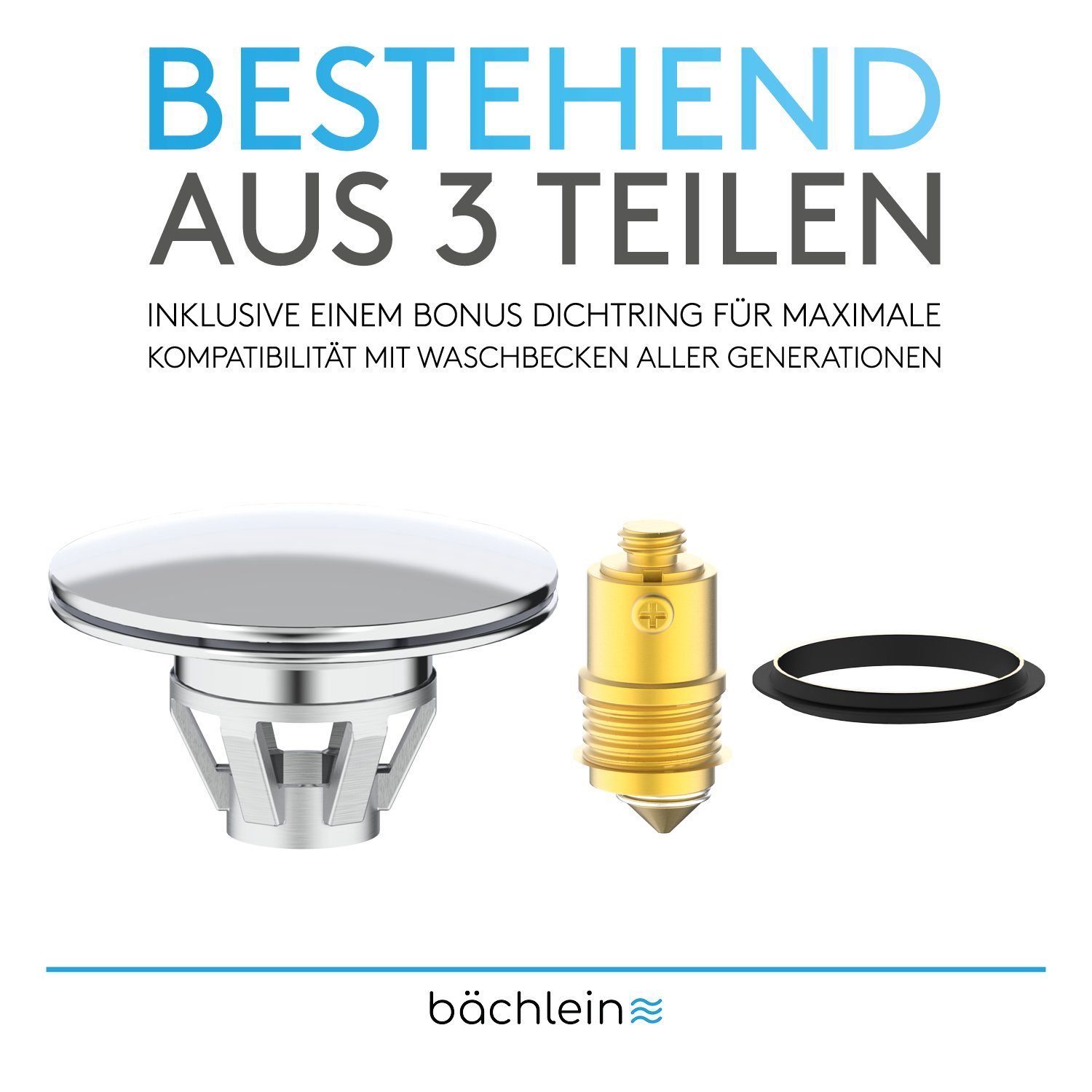 Bächlein Waschbeckenstöpsel Pop-Up Waschbeckenstopfen, (Chrom), Stöpsel mit integriertem Haarsieb für Abläufe Ø 40 mm