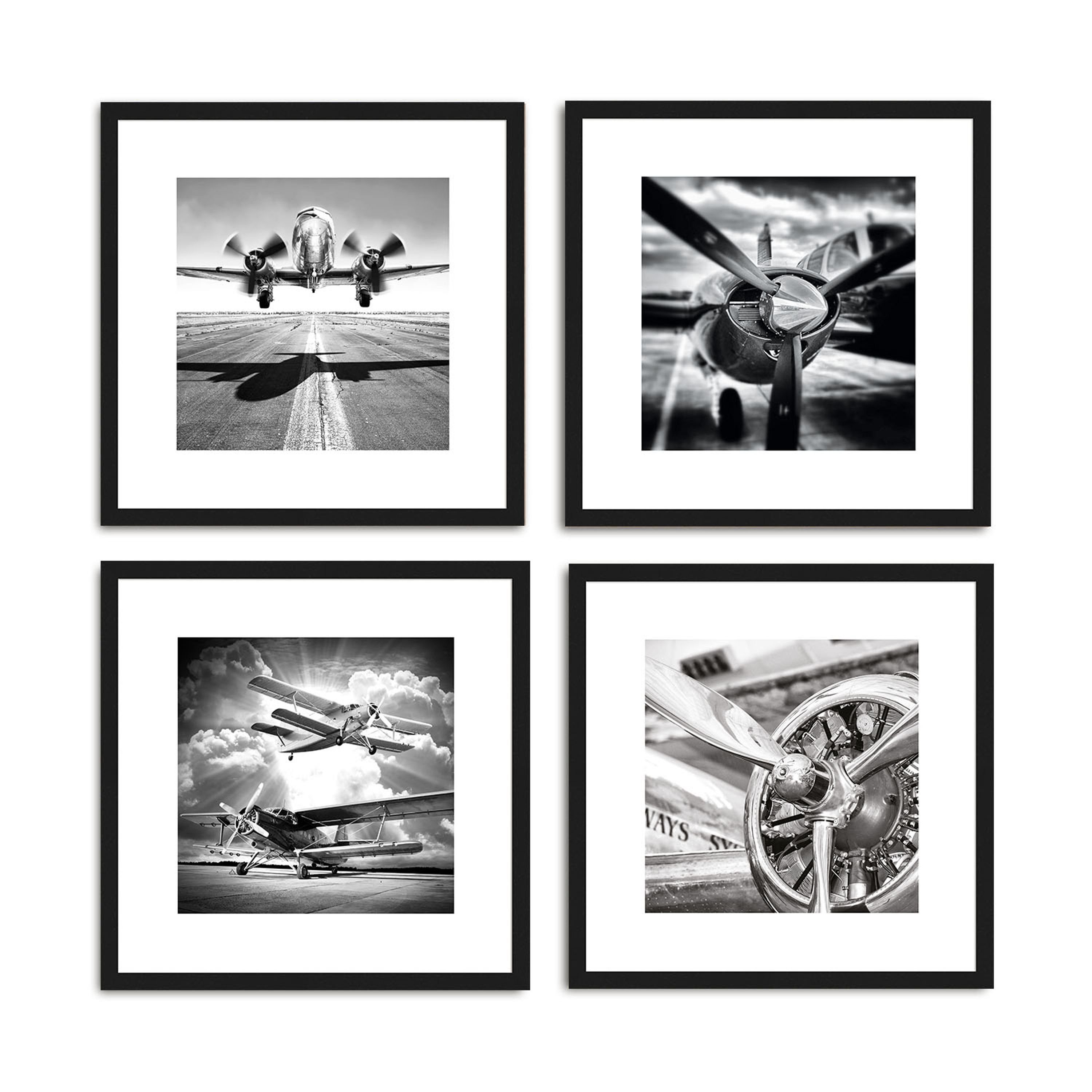 Schwarz-Weiß Bild Wandbild, / gerahmt Bild 30x30cm artissimo inkl. / Flugzeuge II Holz-Rahmen Rahmen Zeichnung: Design-Poster mit