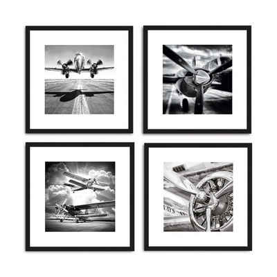 artissimo Bild mit Rahmen Design-Poster-Set mit Rahmen 4x30x30cm Bilder-Set gerahmt schwarz-weiß, Schwarz-Weiß Fotos: Flugzeuge