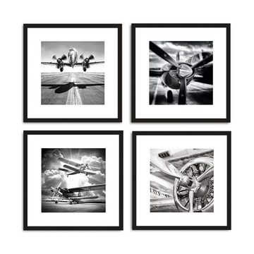 artissimo Bild mit Rahmen Bild gerahmt 30x30cm / Design-Poster inkl. Holz-Rahmen / Wandbild, Schwarz-Weiß Zeichnung: Flugzeuge I