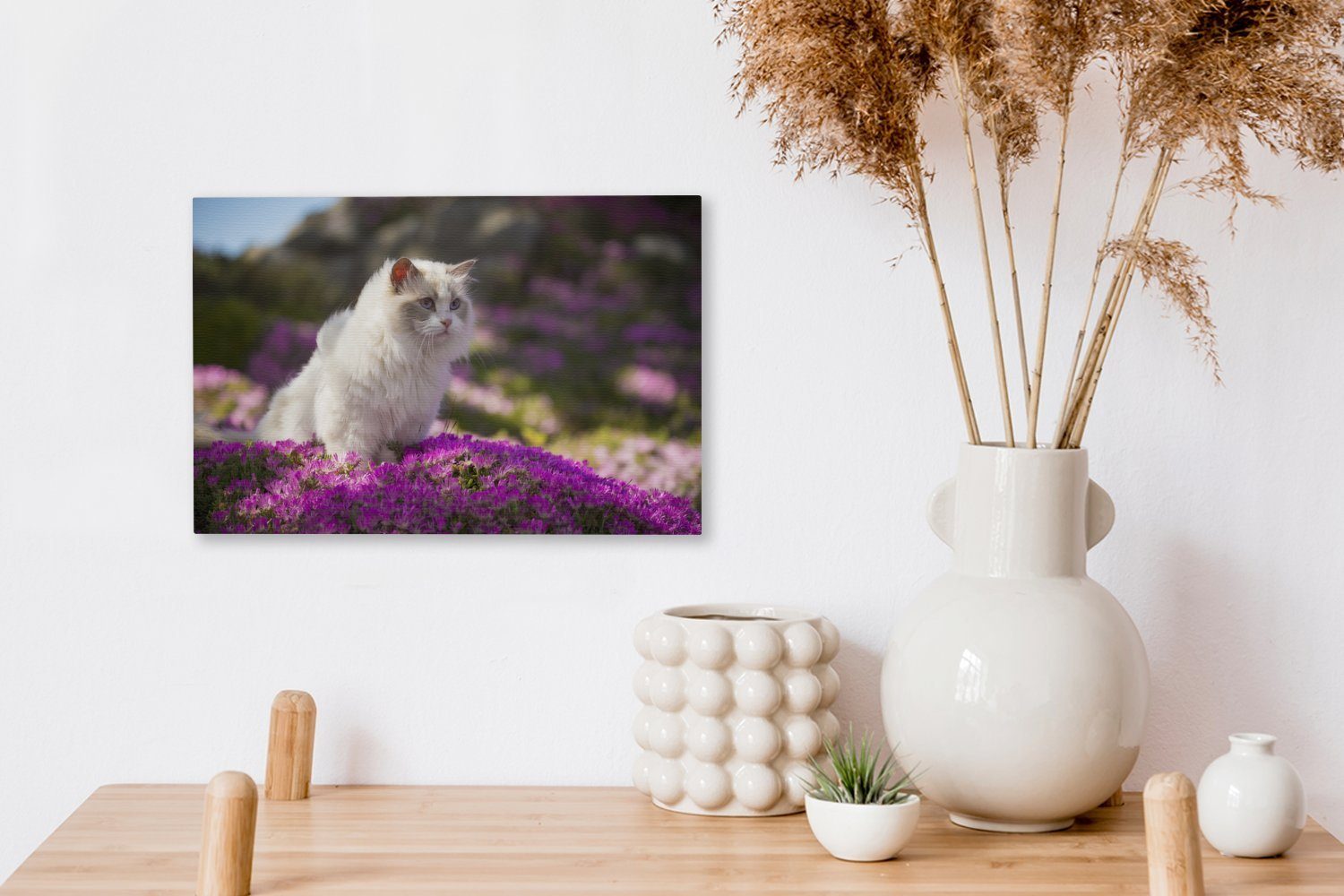Leinwandbilder, aus cm in (1 Eine Aufhängefertig, rosa Leinwandbild Stoffkatze einem 30x20 Wanddeko, weiße OneMillionCanvasses® sitzt Blumen, Bett St), Wandbild
