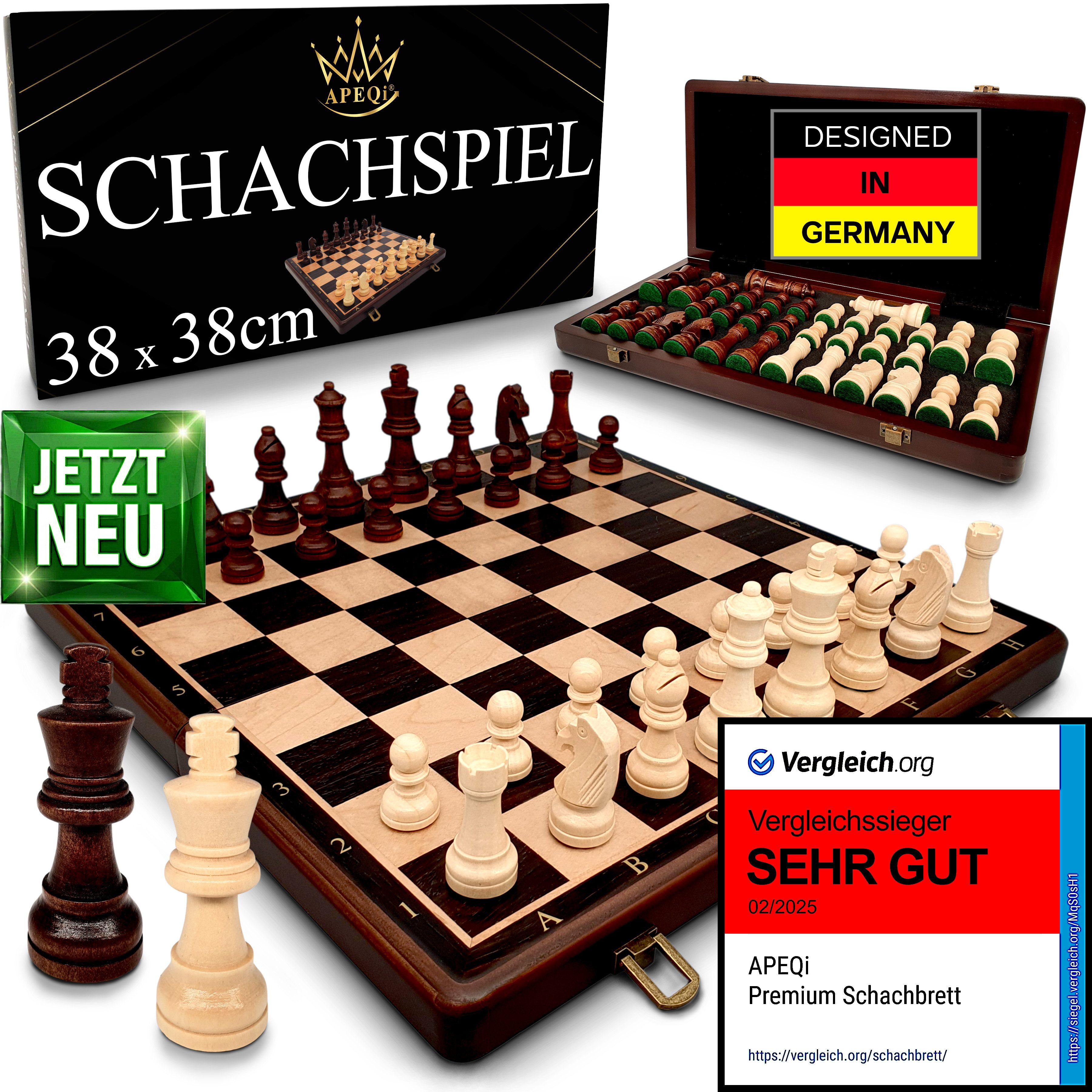 APEQi Spiel PREMIUM Schach - Schachspiel Holz hochwertig - Schachbrett mit Figuren, Massivholz, 2 EXTRA-Damen, Geschenkidee, klappbar, 34 Schachfiguren