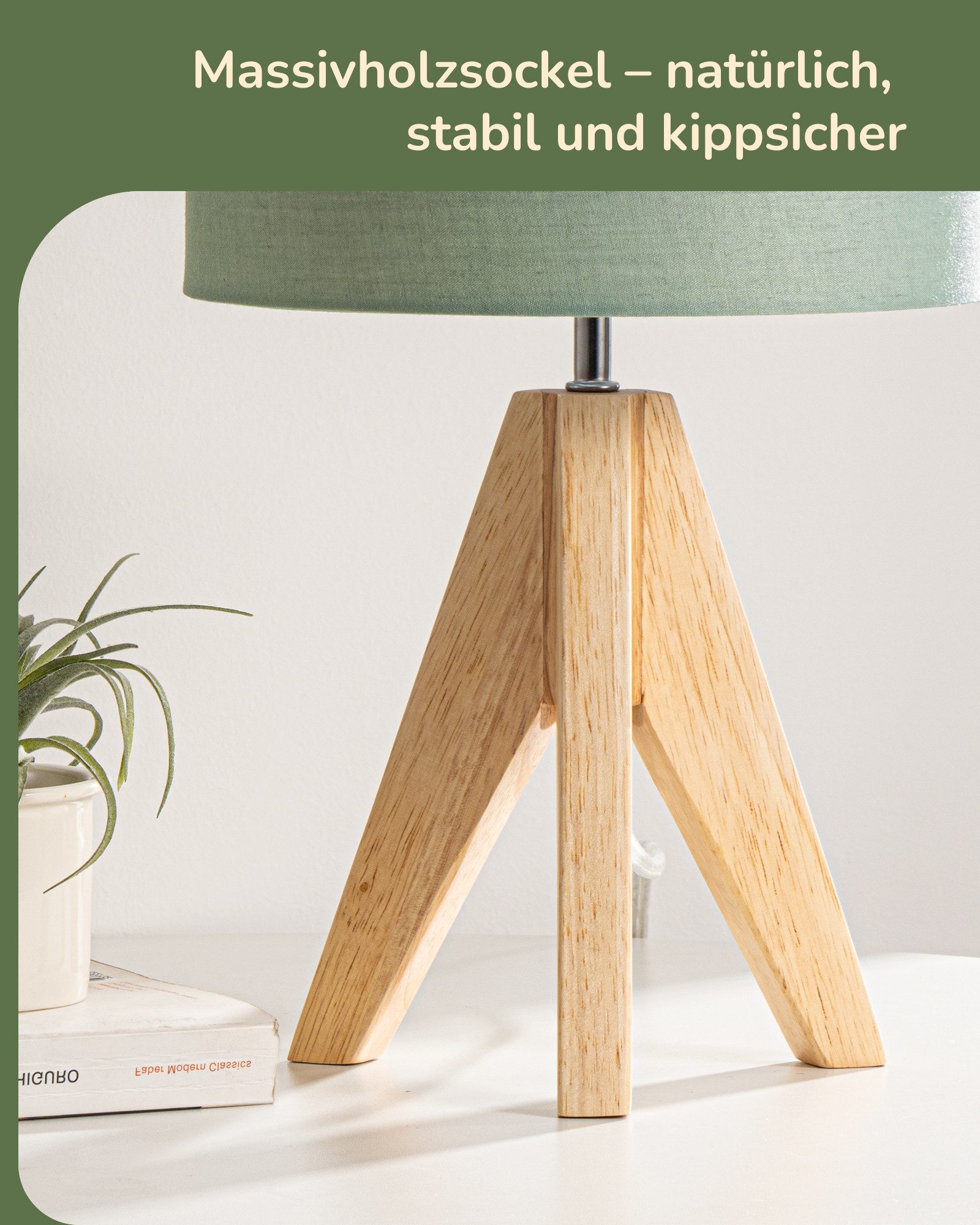 EDISHINE Nachttischlampe 2er Set, Vintage Tischleuchte aus Holz mit Leinenlampenschirm, LED wechselbar, warmweiß, H36 cm Tischlampe mit Leuchtmittel