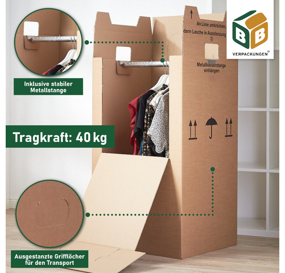 Thumbnail - BB-Verpackungen Umzugskarton Kleiderbox Mini, 2-wellig, 40kg Traglast, 600 mm x 510 mm x 1000 mm