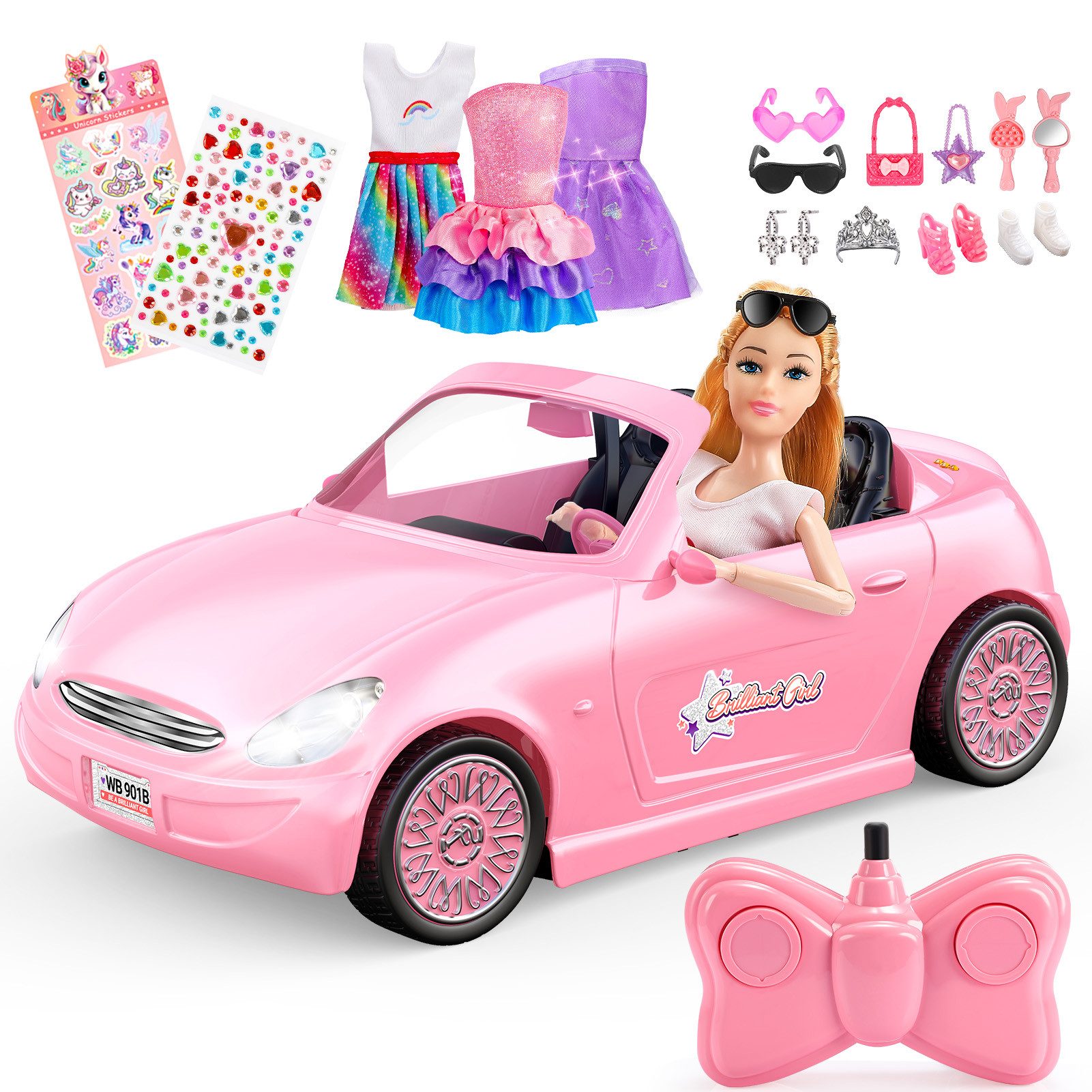 Wootoy RC-Auto RC Puppenauto 1:18 mit Fernbedienung Cabrio Spielzeug-Auto (mit Ankleidepuppe Sticker-Set und LED-Frontscheinwerfern, 1-tlg., 2,4-GHz-Fernsteuerung für stabile Signalübertragung), 3-in-1-Spielset mit RC-Cabrio Ankleidepuppe und Stickern