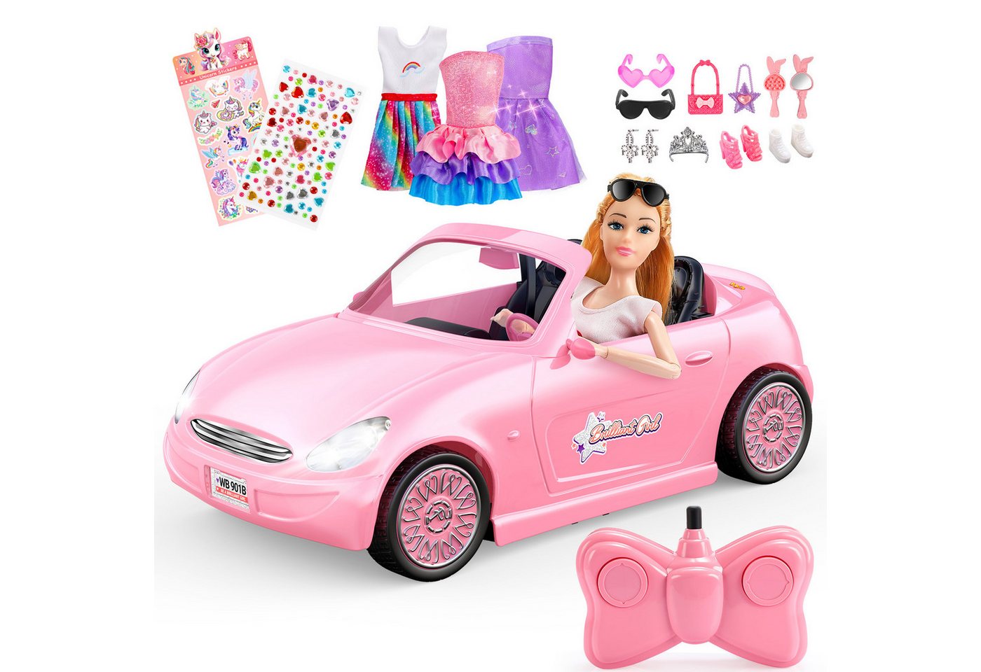 Wootoy RC-Auto RC Puppenauto 1:18 mit Fernbedienung Cabrio Spielzeug-Auto (mit Ankleidepuppe Sticker-Set und LED-Frontscheinwerfern, 1-tlg., 2,4-GHz-Fernsteuerung für stabile Signalübertragung), 3-in-1-Spielset mit RC-Cabrio Ankleidepuppe und Stickern