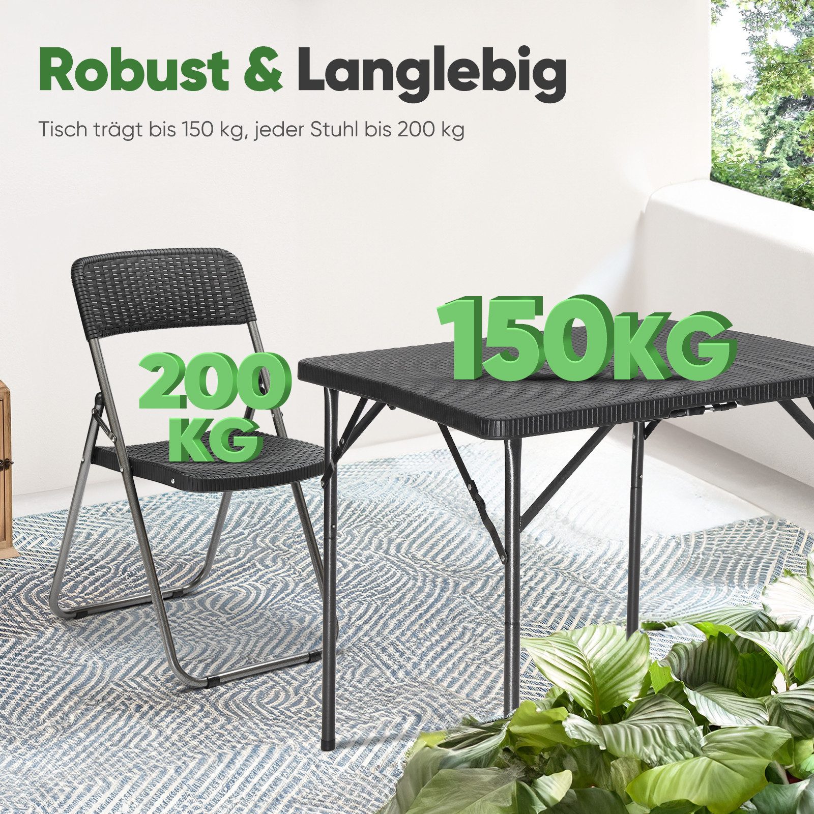 Sekey Garten-Essgruppe PE-Rattan Gartenmöbel-Set für 4 Personen, 4 Stühle mit Tisch klappbar, (5-tlg), Balkonset 4 Personen Balkonmöbel Set, Klappbar Gartentisch mit Stühlen